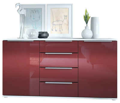 Vladon Sideboard Linio (Anrichte, mit 2 Türen und 4 Schubladen), Weiß matt/Bordeaux Hochglanz (139 x 72,5 x 35 cm)