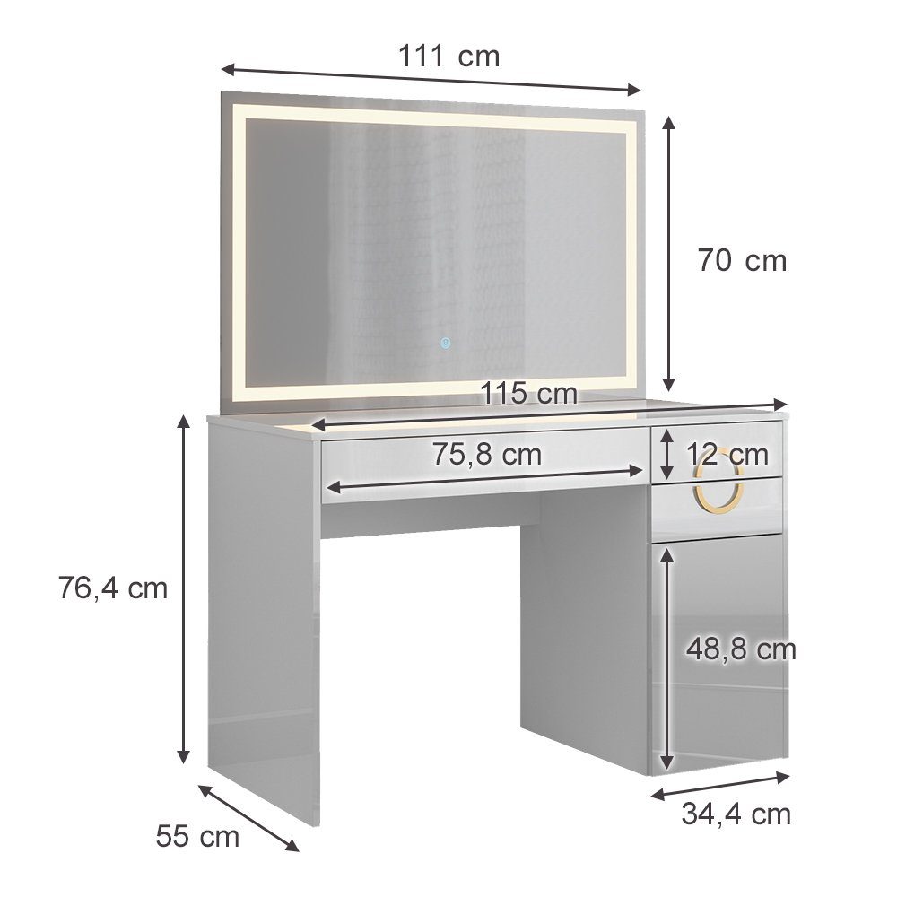Vicco Schminktisch Adela, Weiß Hochglanz, 115 cm mit LED-Spiegel (2-St)