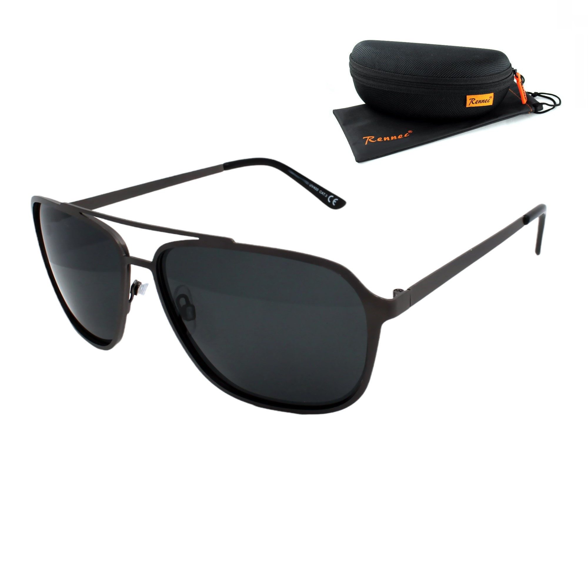 Sonnenbrille Herren Pilotenbrille Polarisiert Schwarz Eckig mit Hardcase