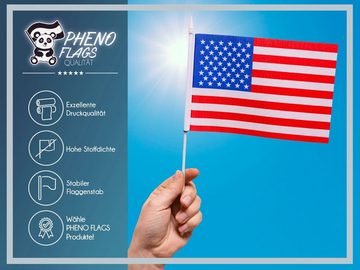 PHENO FLAGS Flagge Handfahne USA Amerika Fähnchen Stockfahne Handflagge (10er Set zur Deko), Flaggen mit Stab