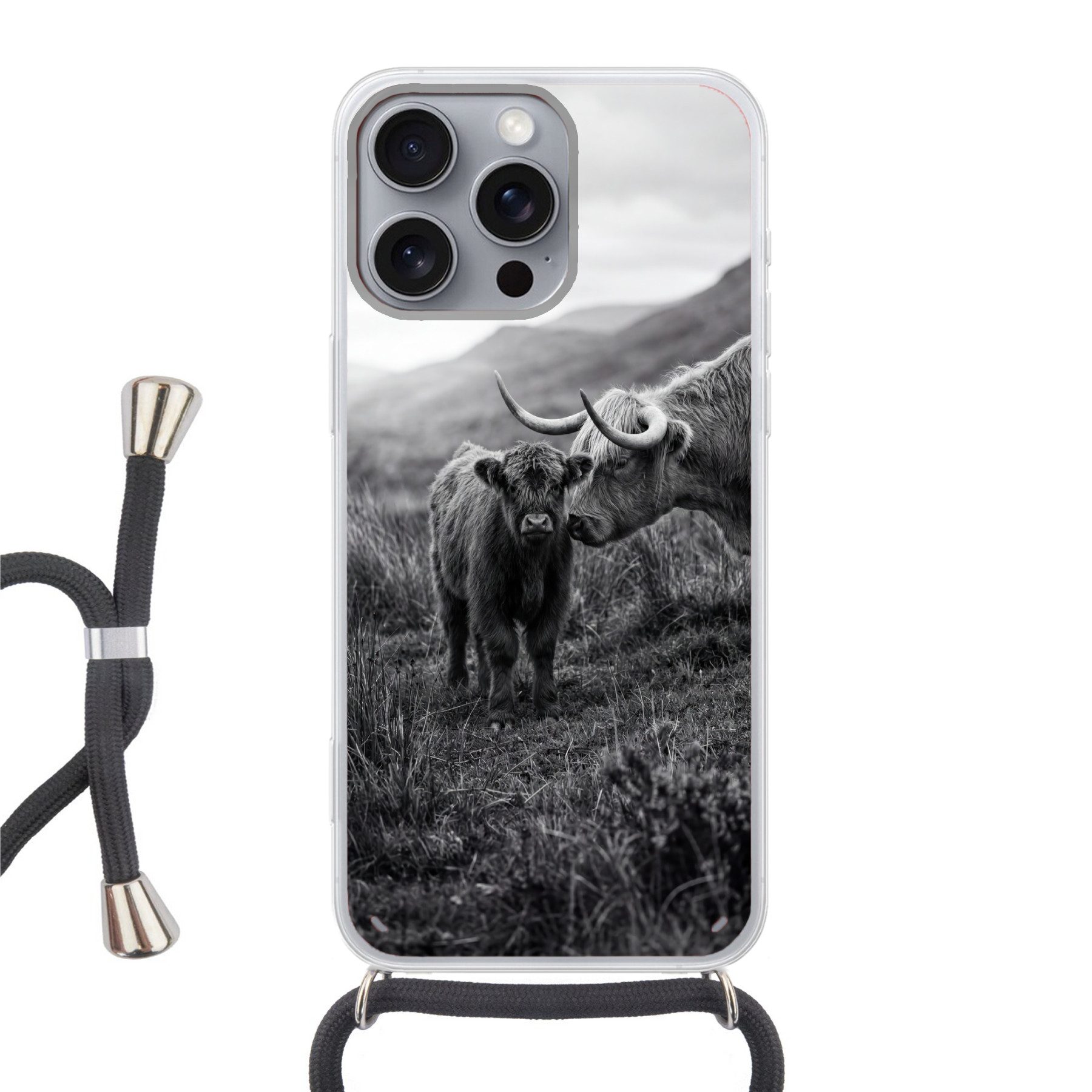 MuchoWow Handyhülle für Apple iPhone 16 Pro Max Schottischer Highlander - Kalb - Schwarz -, Tragbare Handyhüllen mit Kette zum umhängen, Handykette Handyband