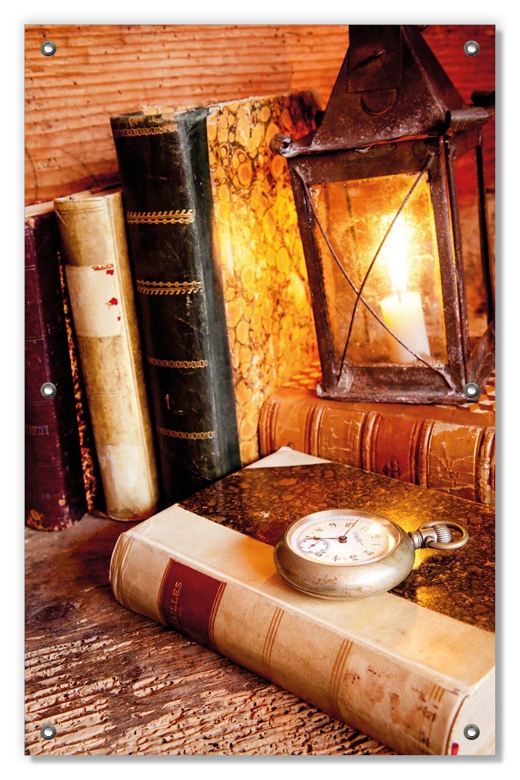 Sonnenschutz Antike Laterne mit Kerze alten Büchern und Taschenuhr, Wallario, blickdicht, mit Saugnäpfen, wiederablösbar und wiederverwendbar