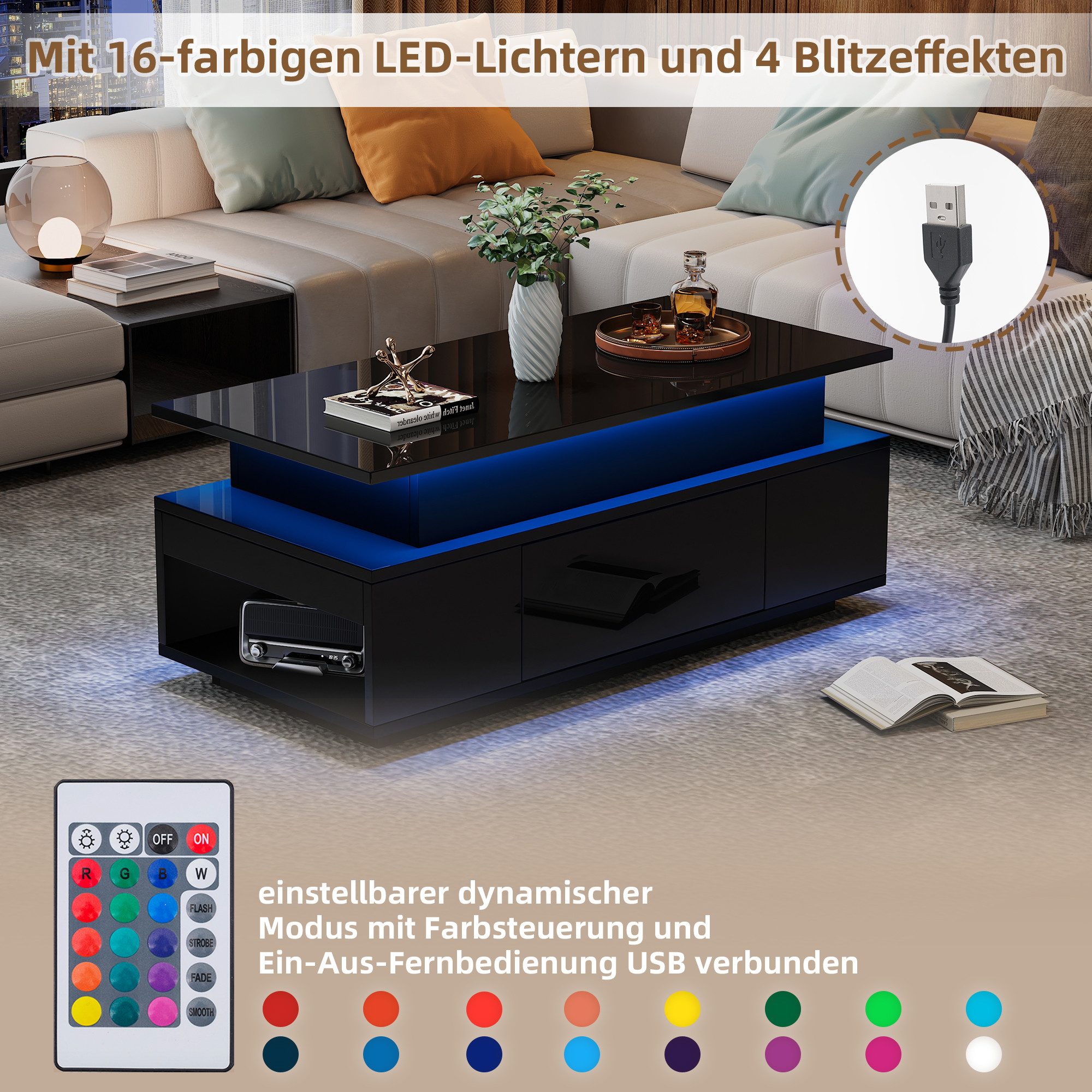 Merax Couchtisch höhenverstellbar Sofatisch Beistelltisch mit LED-Beleuchtung (1-St., Kaffeetisch 96x45x40cm), Lift-Top Wohnzimmertisch mit Schublade,Stauraum & – Bild 5 von 5