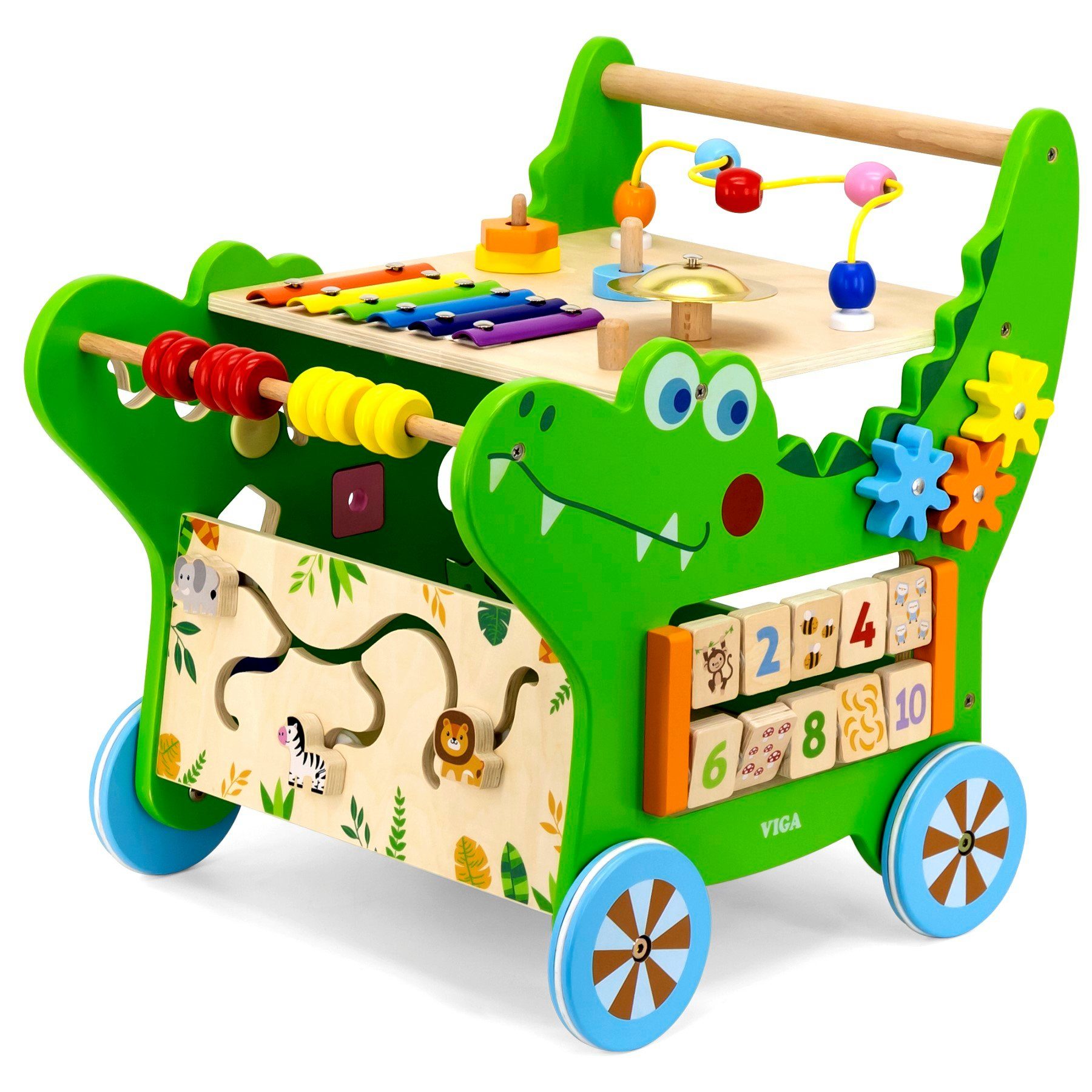 TikTakToo Motorikbrett, Rädern Aktivity Baby auf (mit aus Xylophon, Motorikschleife), Lauflernwagen und Motorikspielzeug, Lauflerner, FSC-Holz, Glocke, Lauflernwagen mit Motorikspieltisch mit Formensteckspiel, Walker, Motorikwürfel Stapelspiel, Gummilaufringen