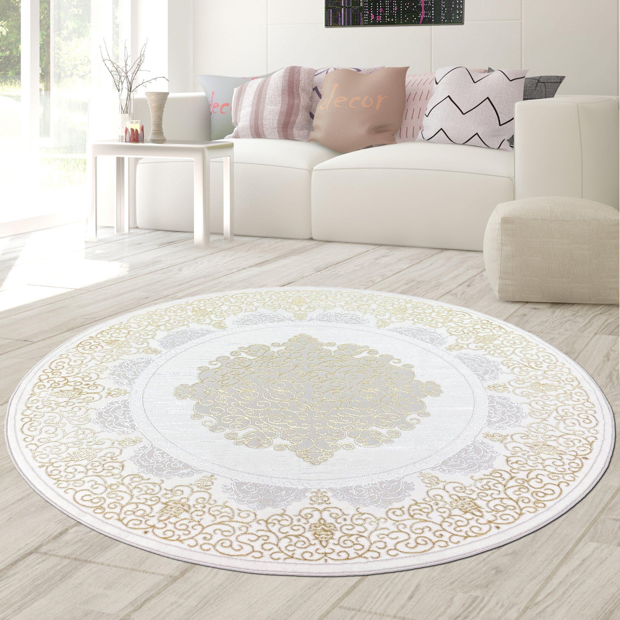 Teppich Orientalischer Designerteppich mit Ornament in weiß gold grau, Teppich-Traum, rund, Höhe: 8 mm