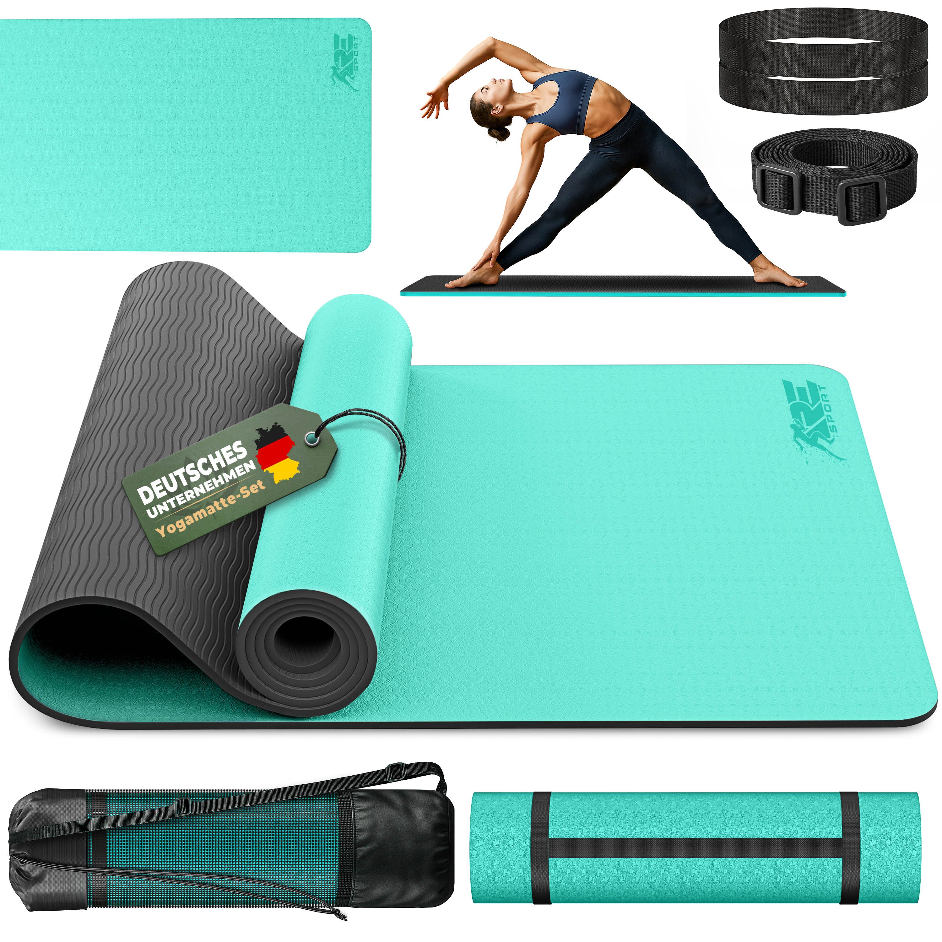 RE:SPORT Gymnastikmatte 183 x 61 x 0,6 cm mit Tragetasche Yogamatte TPE Fitnessmatte (rutschfest), Trainingsmatte mit Tragegurt Fitness Gymnastik Pilates Workout