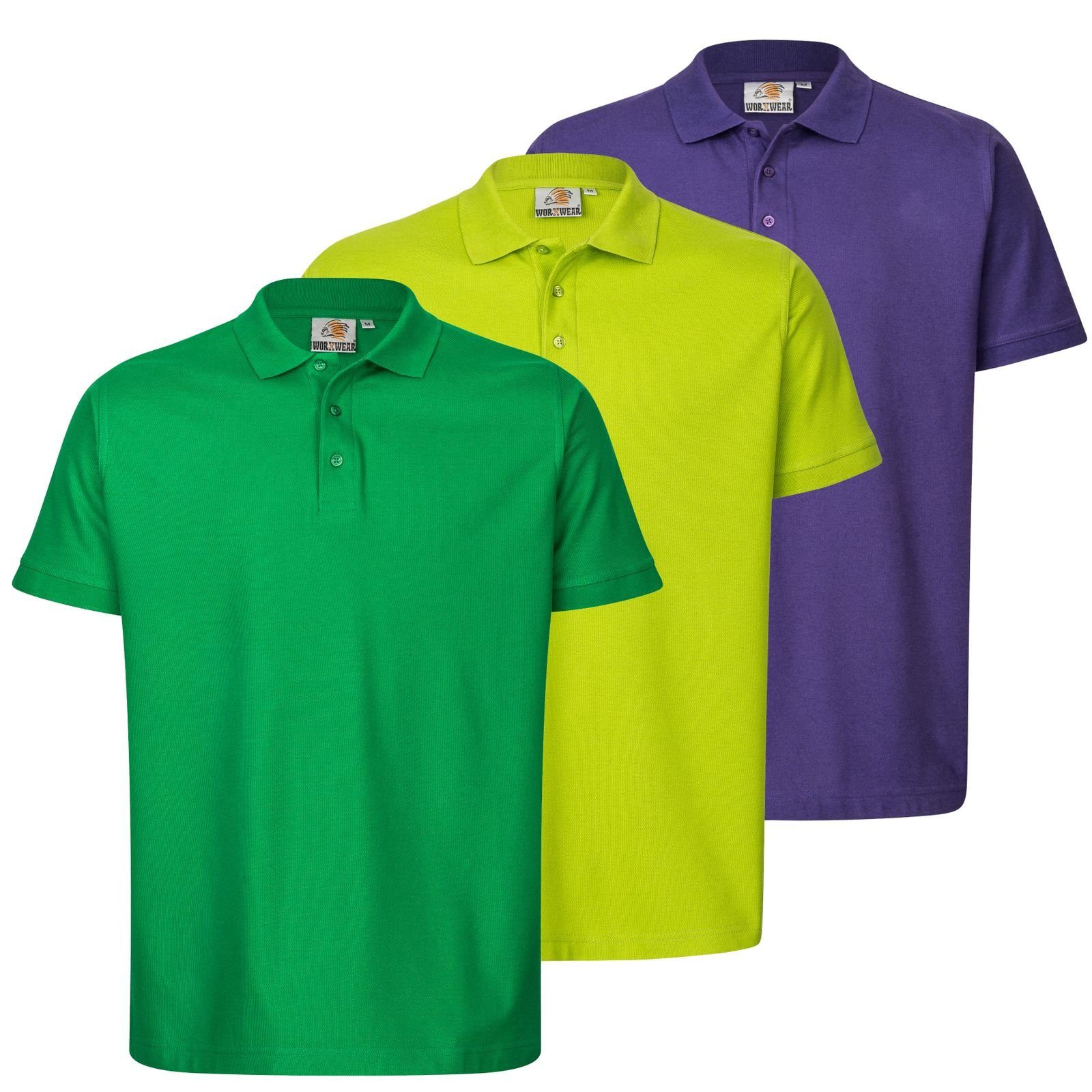 WORXWEAR Poloshirt Herren (Spar-Set, 3er-Pack) strapazierfähiges Poloshirt mit Einlaufwert < 5% Grün, Lila, Hellgrün