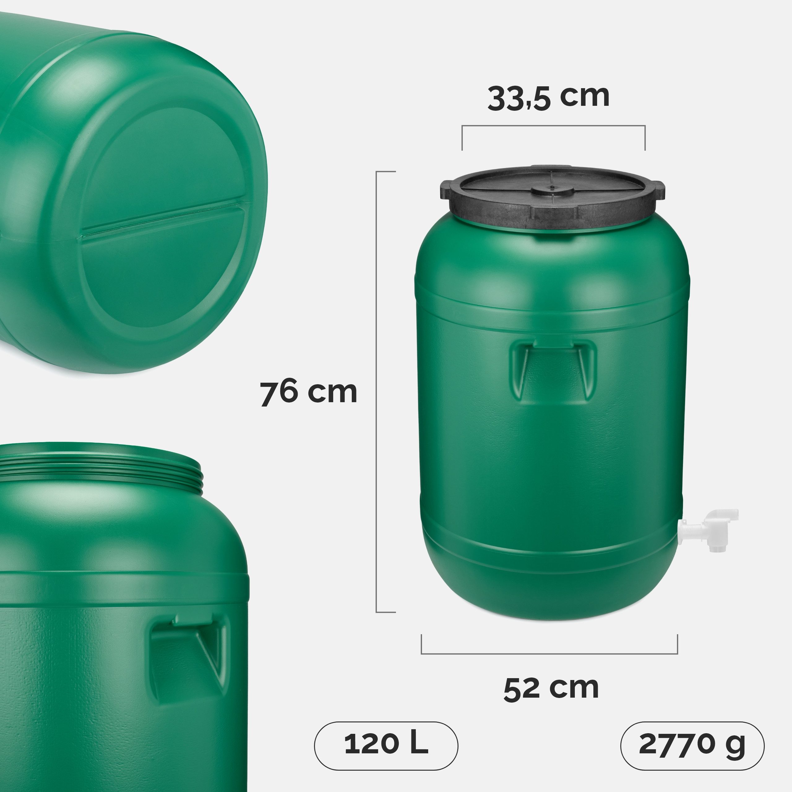 Garronda Regentonne Weithalsfass 120 Liter mit Hahn Plastikbehälter mit Deckel GD-0142, 120 l, (1-tlg), BPA-Frei