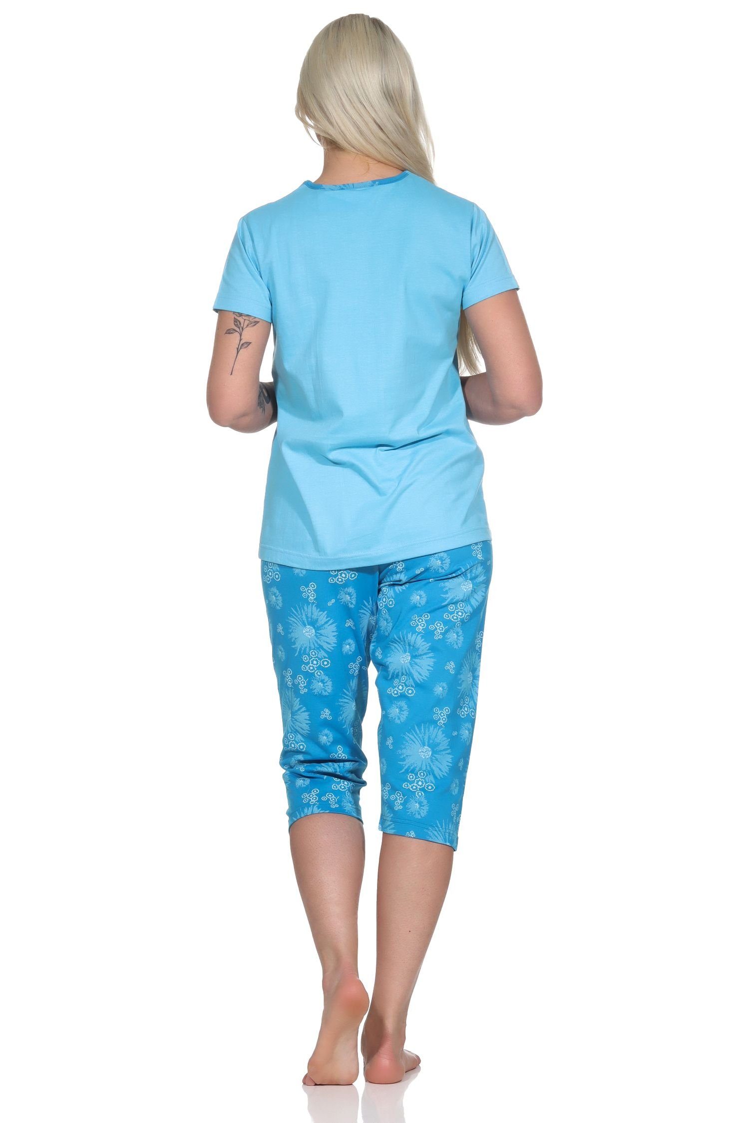 Schlafanzug mit hellblau Damen geblümter in Pyjama Optik Normann Caprihose kurzarm