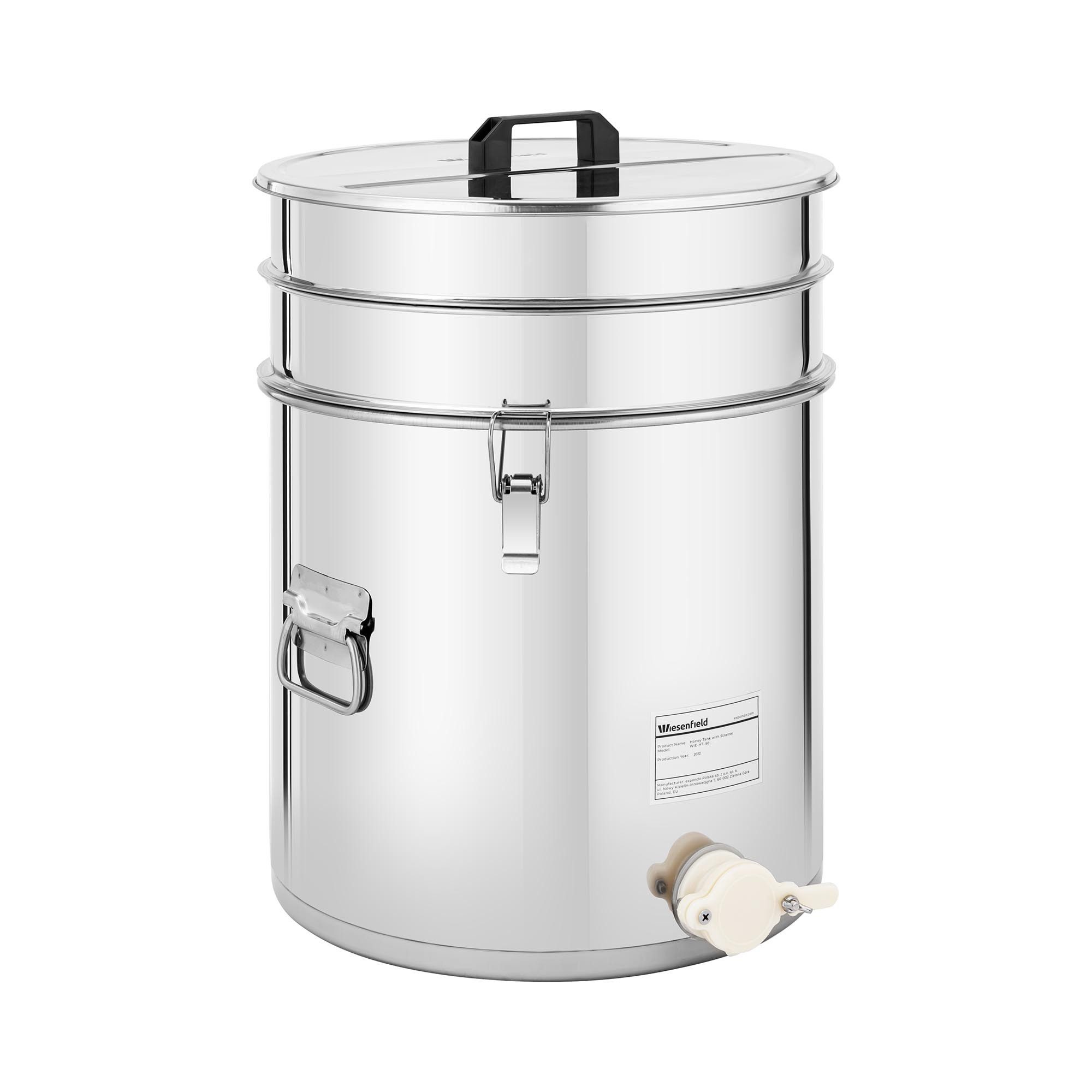 Wiesenfield Aufbewahrungssystem Honigeimer Honig-Abfülleimer mit Sieb, Deckel und Quetschhahn, Edelstahl, verschiedene Größen