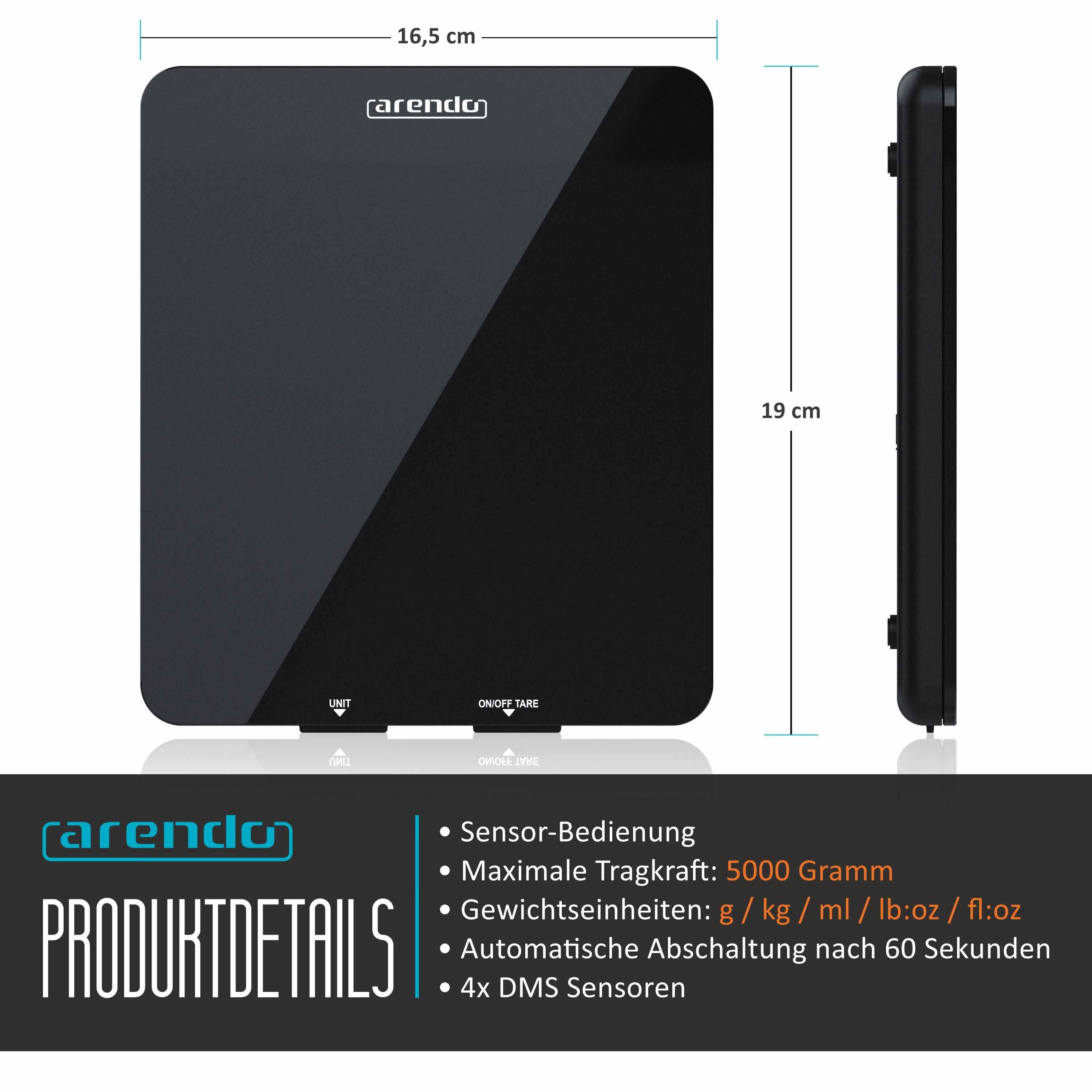Arendo Küchenwaage digital mit Hochglanz Glasoberfläche, 19 x 16,5cm, LED Display, (1-tlg), 4mm Glas, Tara Zuwiegefunktion, Auto Off, bis 5000g 5kg, g/ml/oz/lb/fl