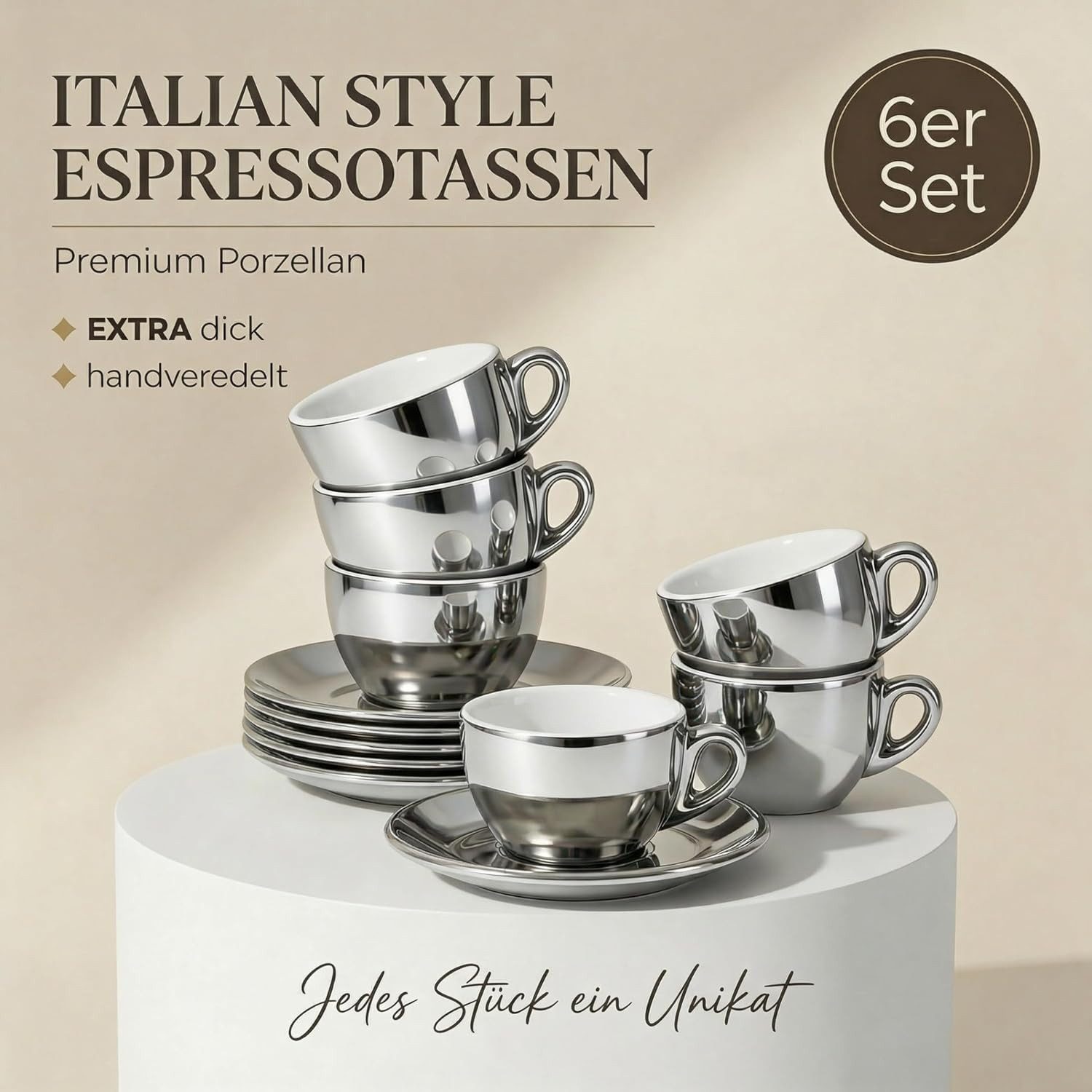 MUVELL Espressotasse 6x Espresso & Untertassen Set 0,8 cm dickwandig, chrome, 6-tlg., Keramik, 60 ml chrome mit weißen Rand und Innenfläche