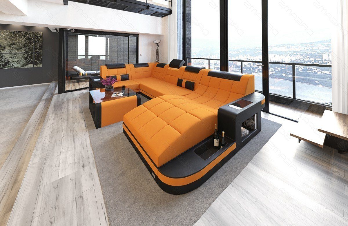 Sofa Dreams Form wahlweise Mikrofaser U Wohnlandschaft apricot-schwarz Bettfunktion Couch M Stoff, Wave mit Stoffsofa Polstersofa