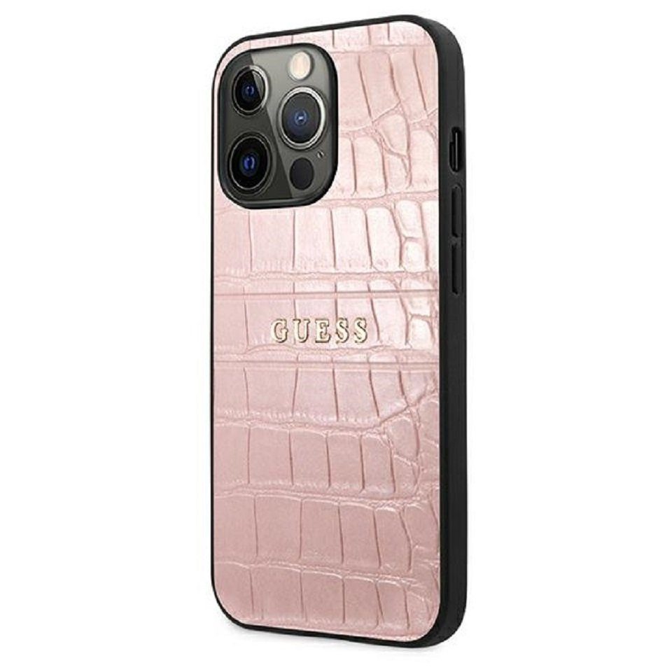 Guess Handyhülle Case iPhone 13 Pro Krokodiloptik Kunstleder rosa pink 6,1 Zoll, Kantenschutz
