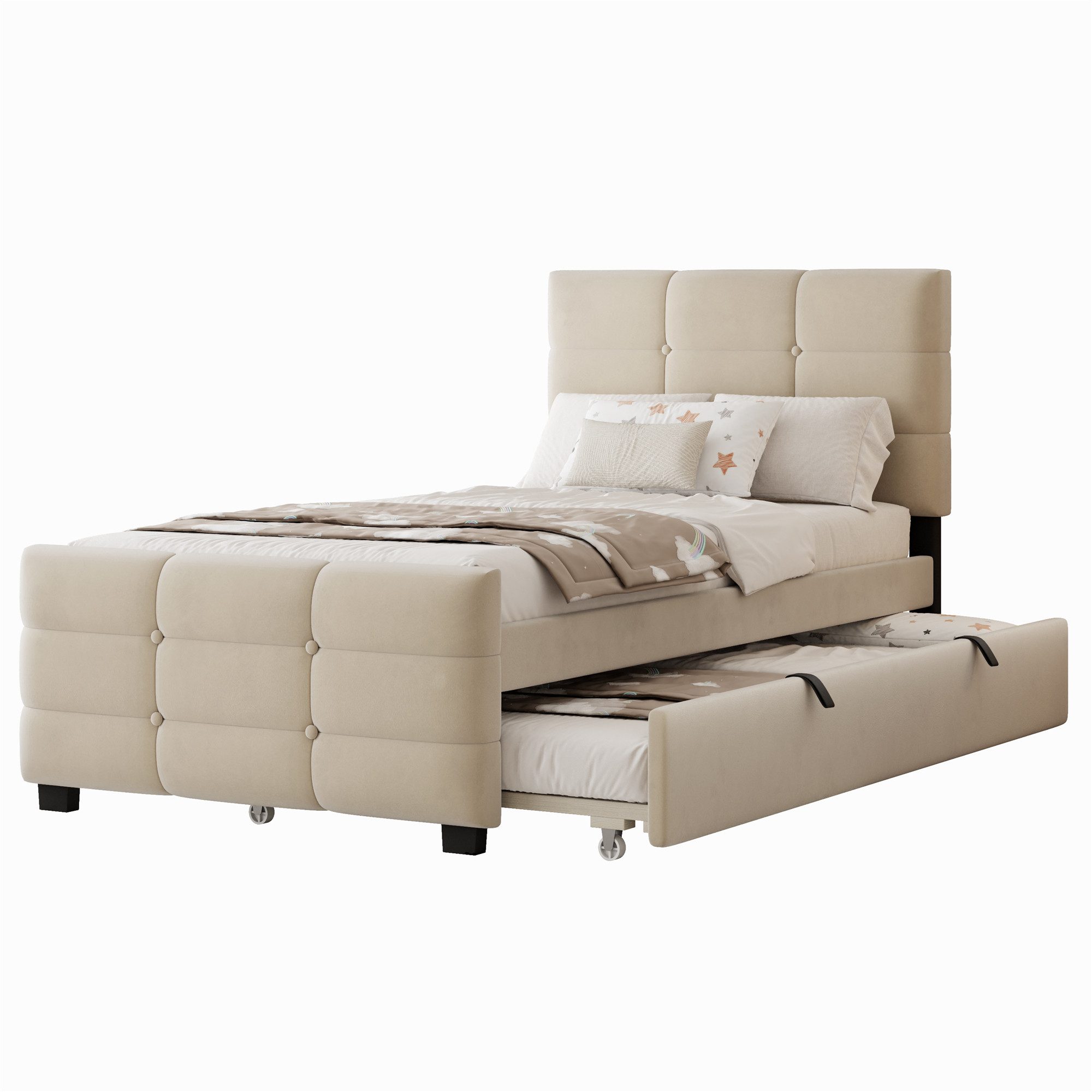 MODFU Polsterbett mit Ausziehbett, hautfreundlicher Samtstoff (Kinderbett Gästebett, Polster-Einzelbett 90x190 cm), ohne Matratze