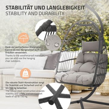 ML-DESIGN Hängesessel mit Gestell Hängestuhl Hängekorb Hängeschaukel Hängesitz, Kissen Abdeckung Grau Rattan-Optik Stahl faltbar Indoor/Outdoor