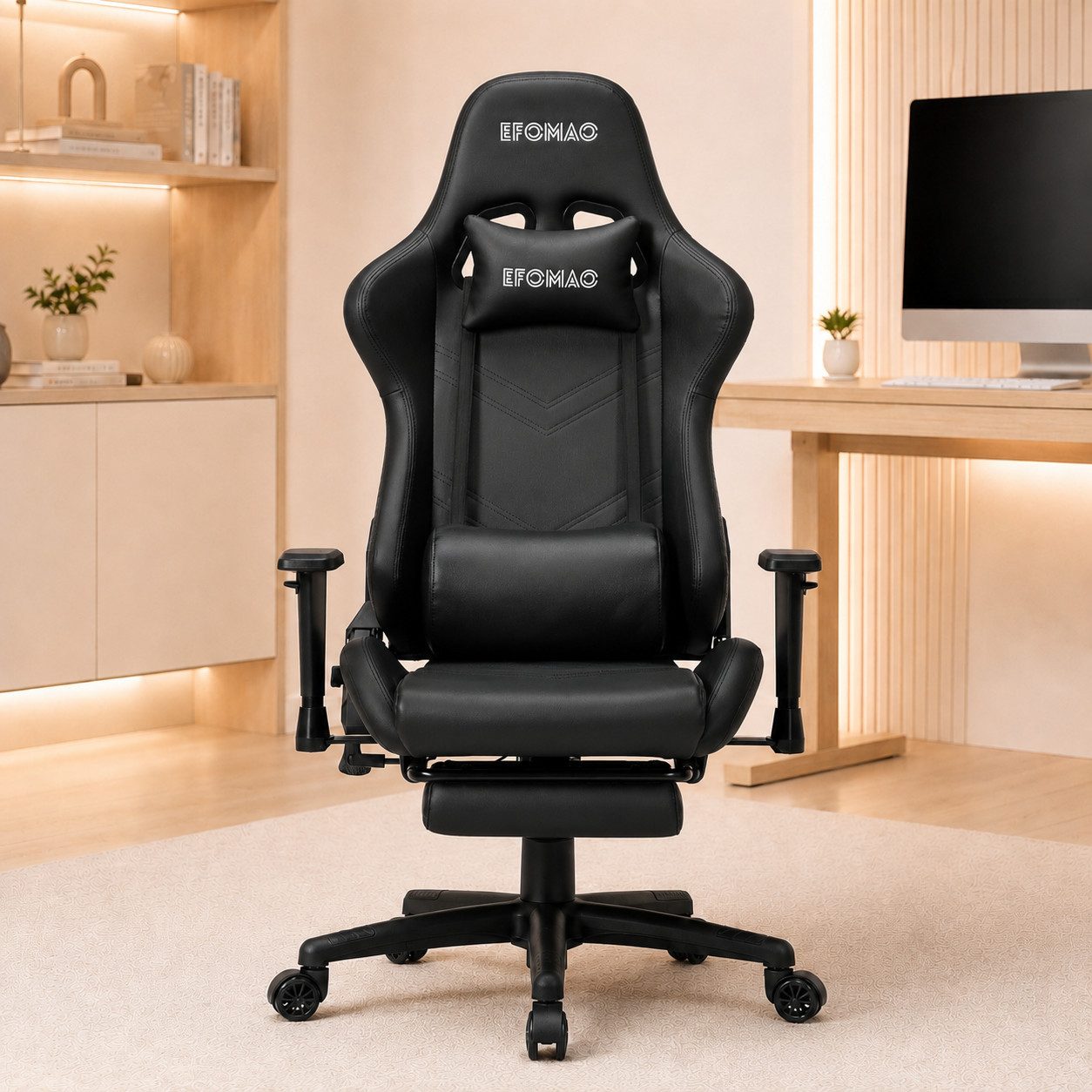 EFOMAO Gaming-Stuhl Bürostuhl mit ausziehbarer Fußstütze, Wippfunktion 90°-155° (1 St), Ergonomischer Chefsessel höhenverstellbar – für Arbeit & Gaming