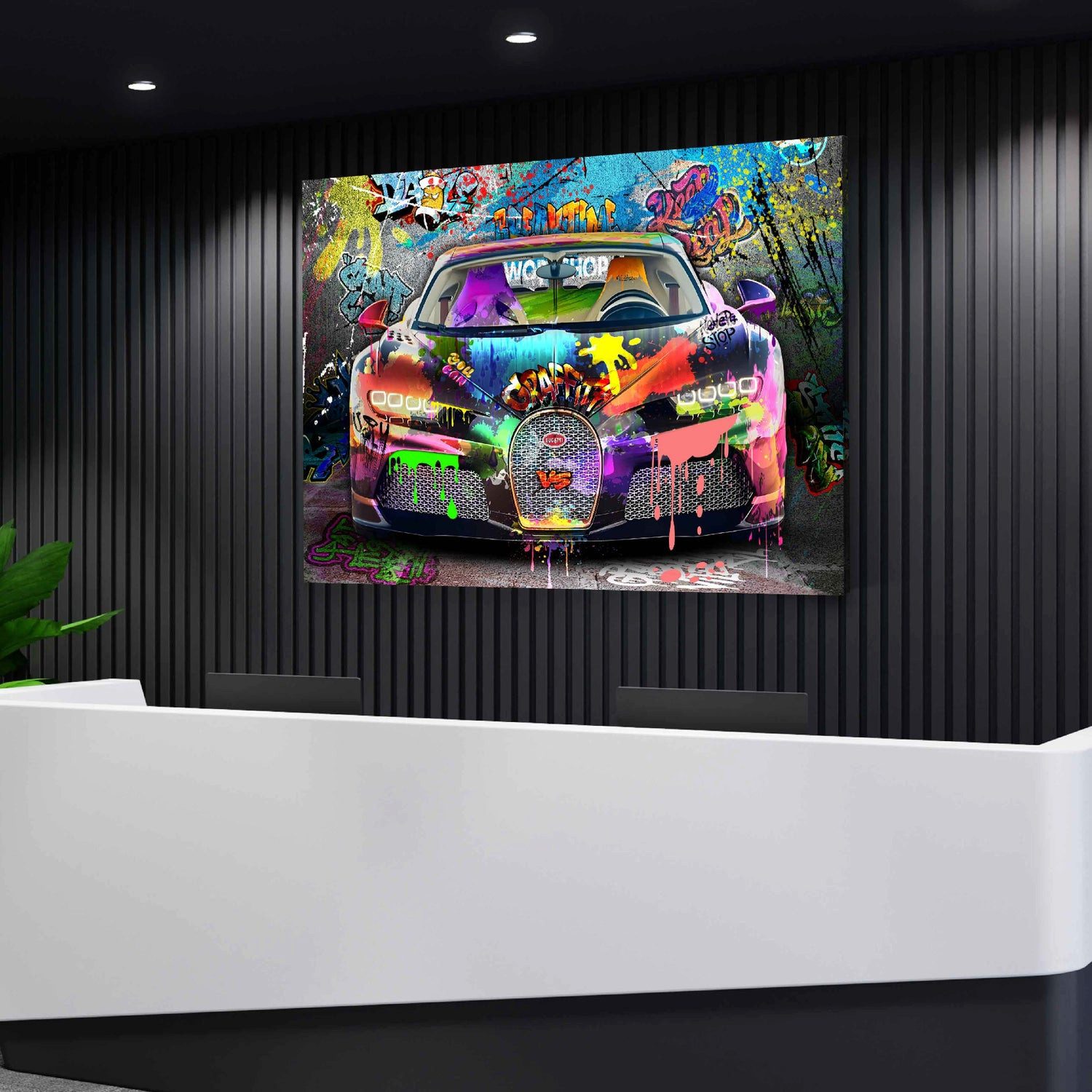 Artedinoi Leinwandbild Bugatti Auto Graffiti Sportwagen Pop Art mit Farbenexplosion Leinwandb, Sportwagen im Graffiti-Look