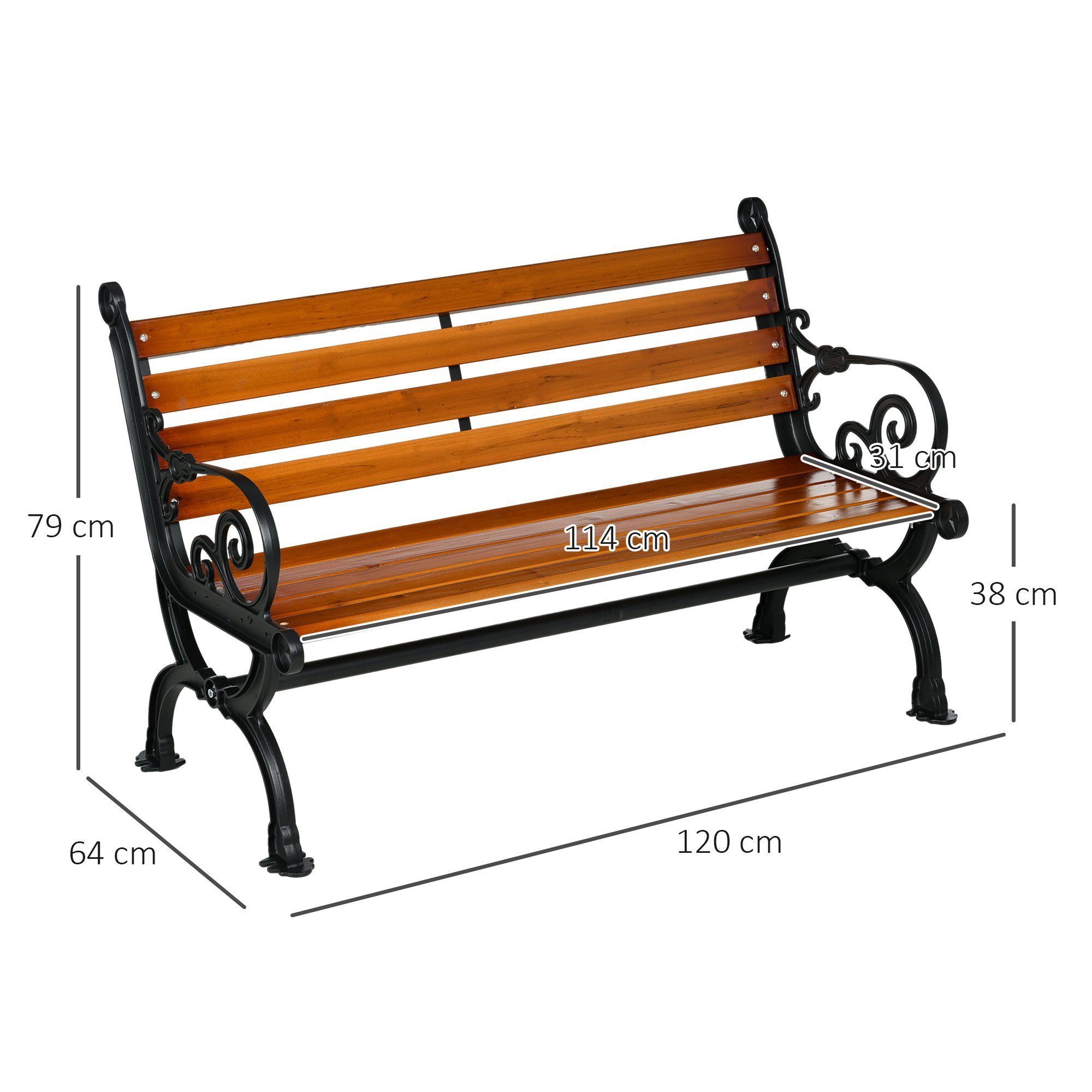 Outsunny Gartenbank Balkonbank mit Armlehnen, für Garten, Balkon, wetterfest (Sitzbank für 2 Personen, 1-St., Parkbank), Holz, 120 x 64 x 79 cm, Teak