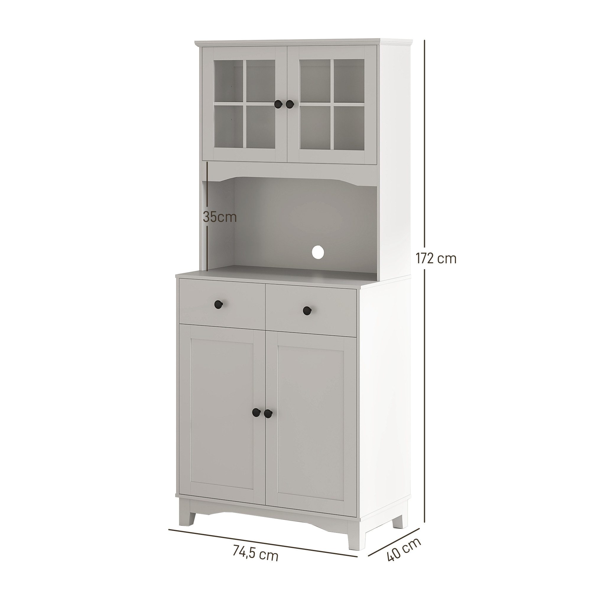 HOMCOM Küchenbuffet Küchenschrank, Arbeitsplatte, Mikrowellenschrank verstellbar (Vitrinenschrank, 1-St., Hochschrank) Buffetschrank für Wohnzimmer, Esszimmer, Weiß
