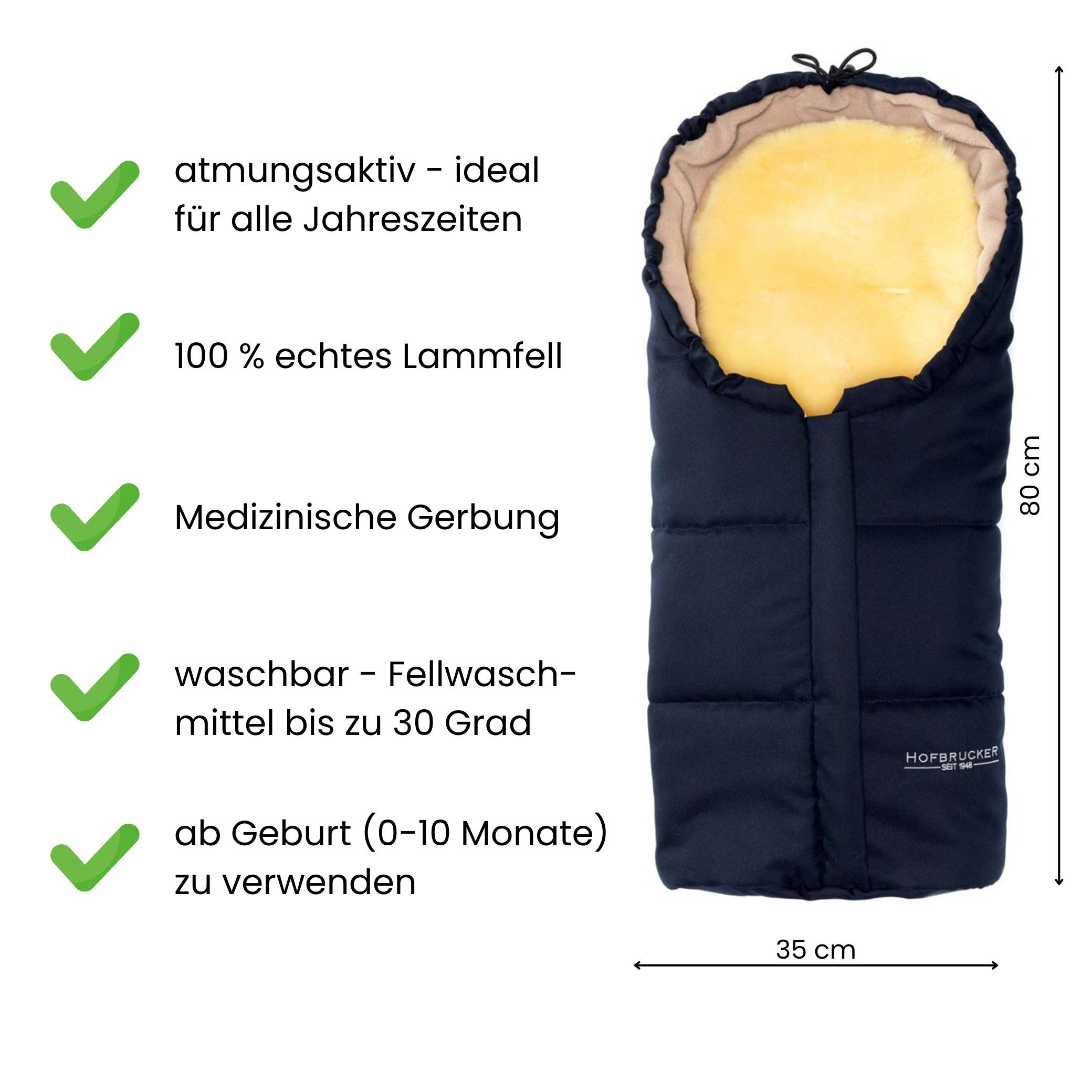 Hofbrucker seit 1948 Fußsack Lammfell-Fußsäckchen Leni für Babyschale und Kinderwagen, warmer Winterfußsack mit echtem Lammfell wind- und wasserabweisend
