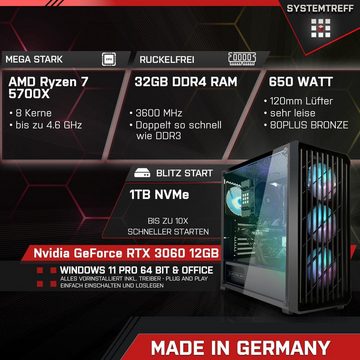 SYSTEMTREFF Basic Gaming-PC-Komplettsystem (27", AMD Ryzen 7 5700X, GeForce RTX 3060, 32 GB RAM, 1000 GB SSD, Windows 11, WLAN)