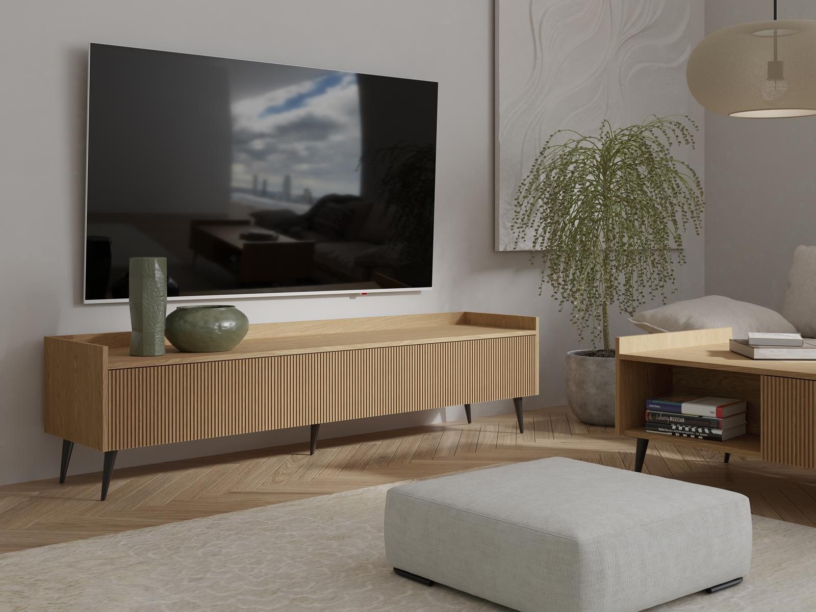 Compleo TV-Schrank dreitürig, Japandi design, Lamellenoptik MODE 180 cm breit
