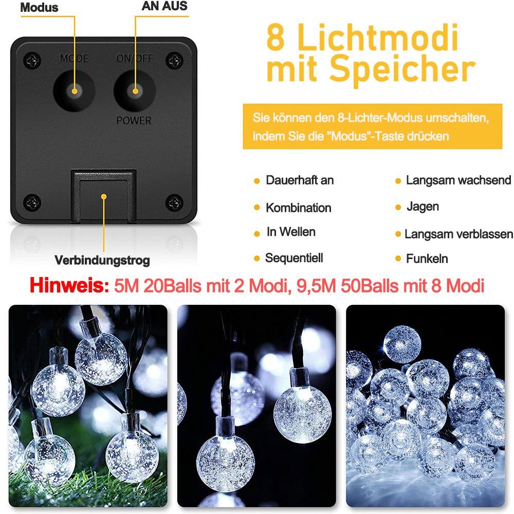 Patio Rosnek Party LED-Lichterkette Weiß 5/9,5M,Solar,Wasserdichte,für Seifenblasen-Kristallkugel Weihnachten, Garten