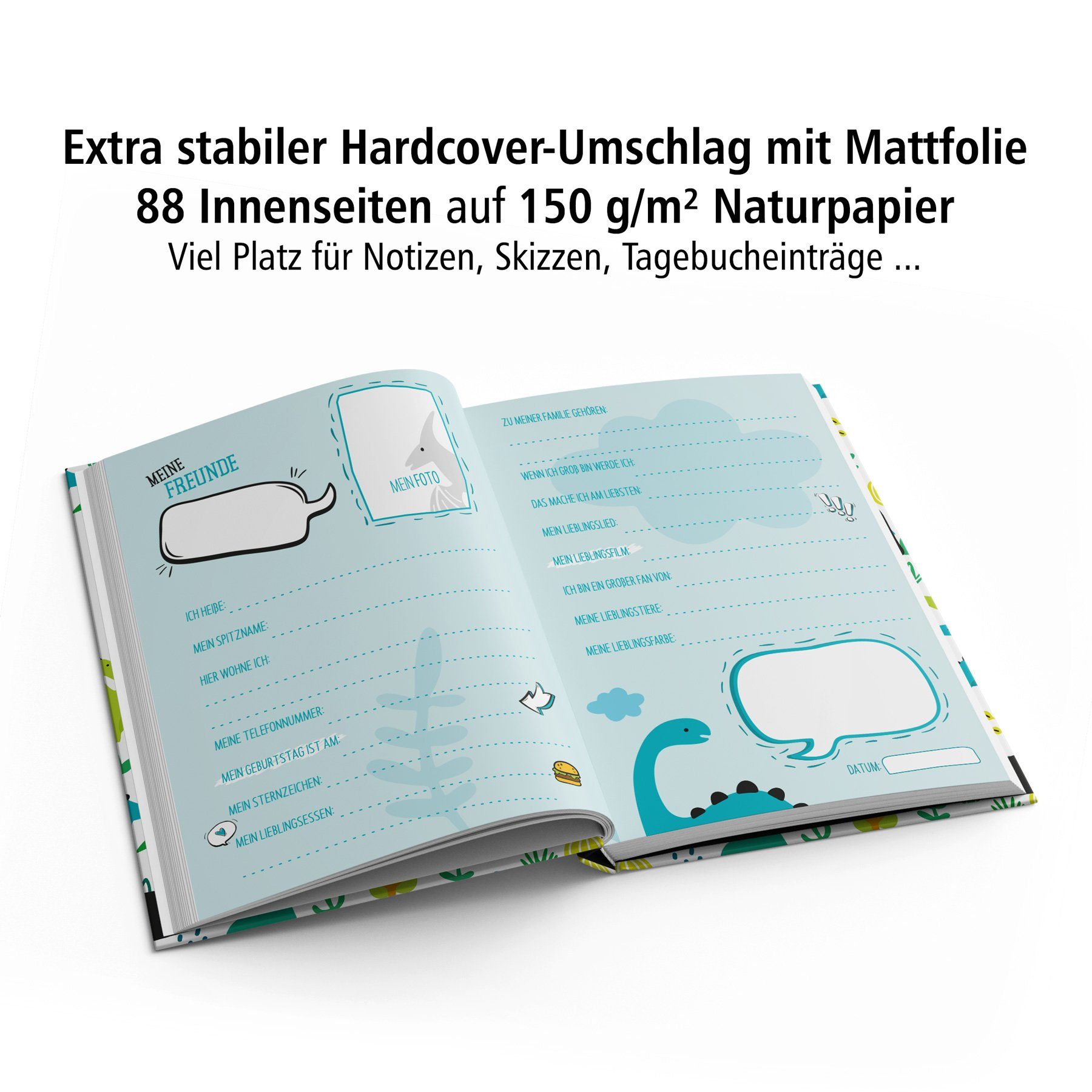 150g 88 Dino itenga Notizbuch itenga A5, Freundebuch Seiten Naturpapier DIN Muster