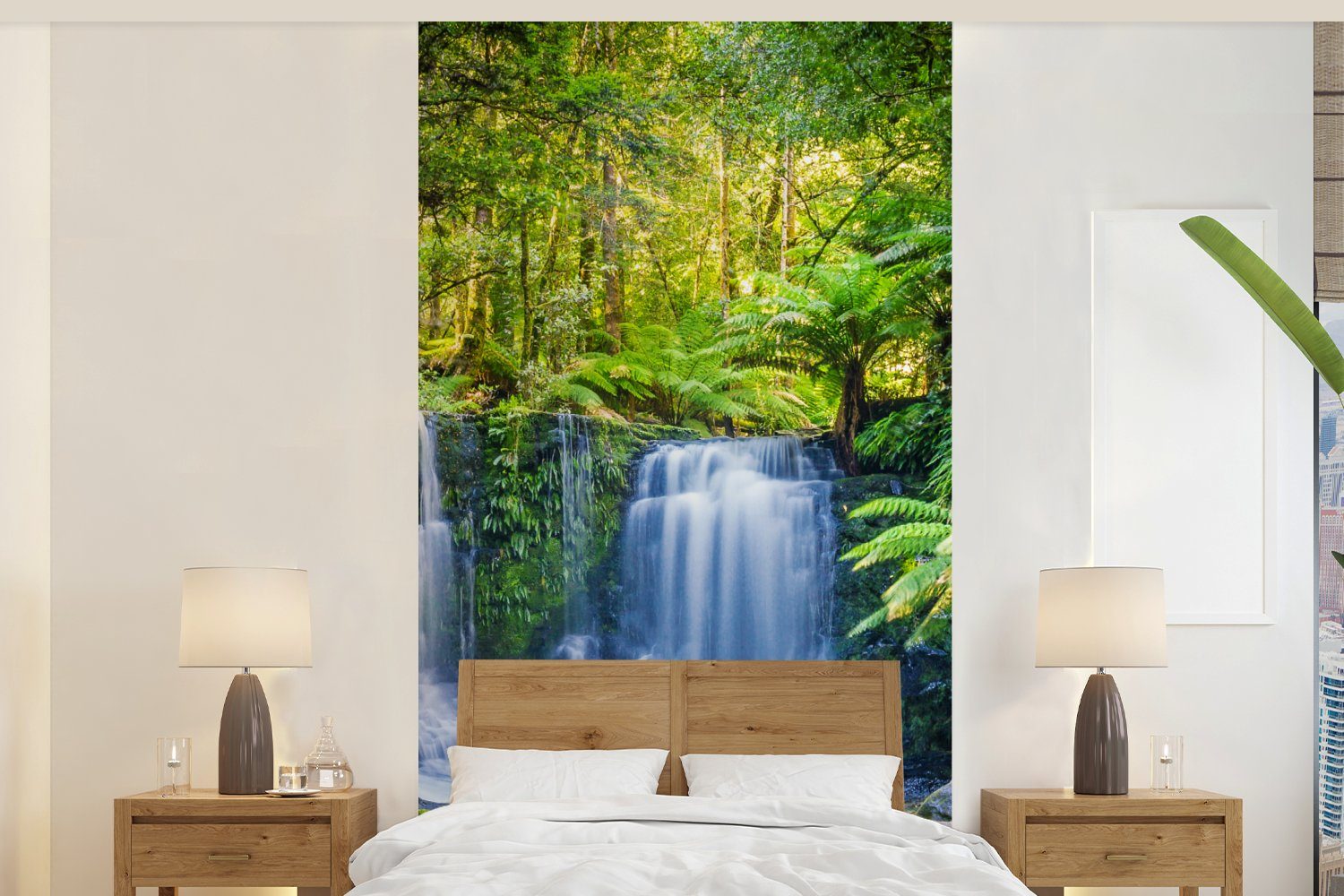 MuchoWow Fototapete Dschungel - Wasserfall - Australien - Pflanzen - Natur, Matt, bedruckt, (2 St), Vliestapete für Wohnzimmer Schlafzimmer Küche, Fototapete