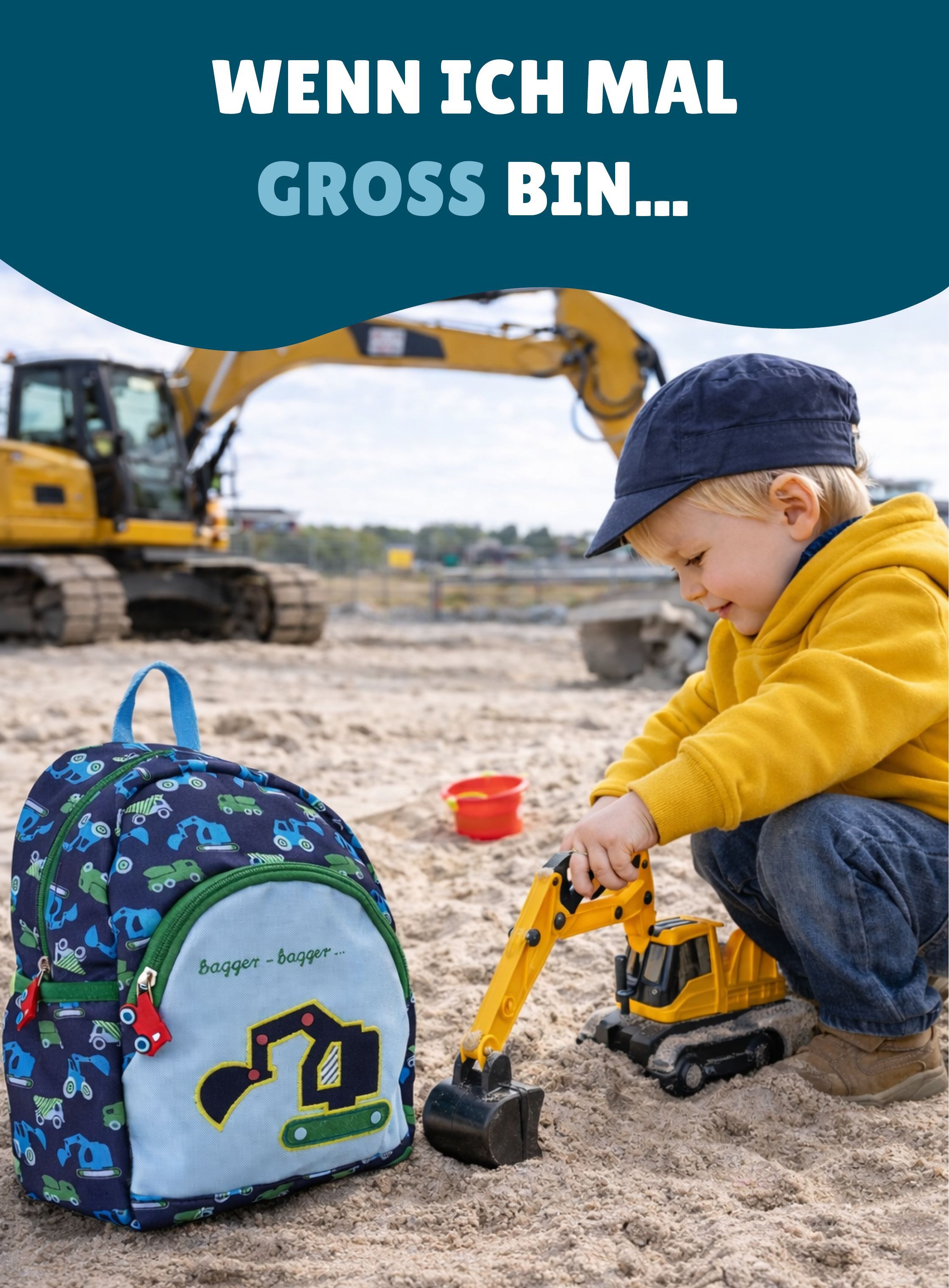 COPPENRATH DIE SPIEGELBURG Kinderrucksack Rucksack Kleine Freunde BAGGER "Wenn ich mal groß bin...", mit Brustgurt; Applikation & Stickereien