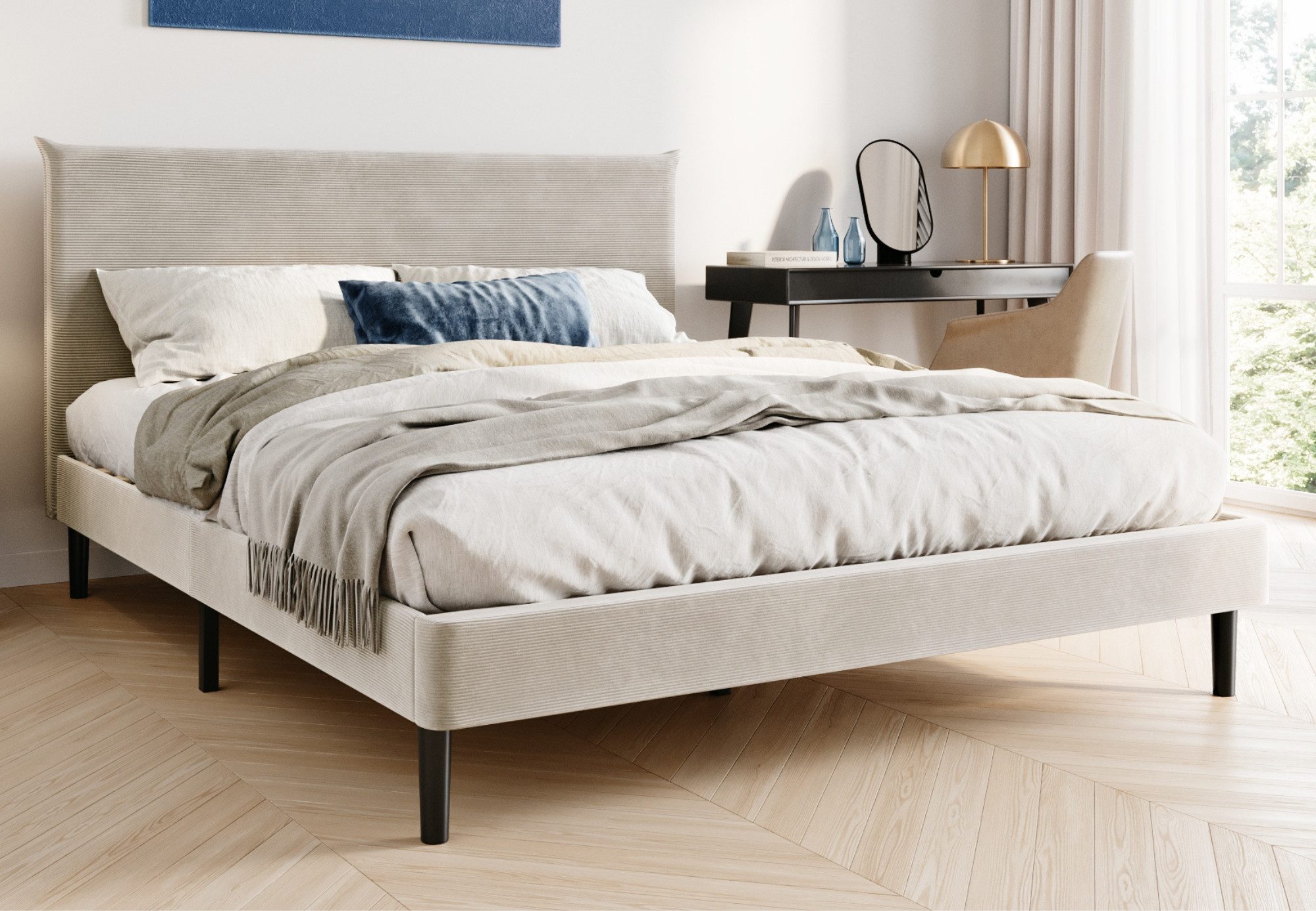 Home Collective Polsterbett 140x200 und 160x200 cm mit Lattenrost und weichem Bezug, Bettgestell (Doppelbett mit gepolstertem Kopfteil, robustes Gestell, hoher Liegekomfort), 160x200 cm, Beige, Cordbezug