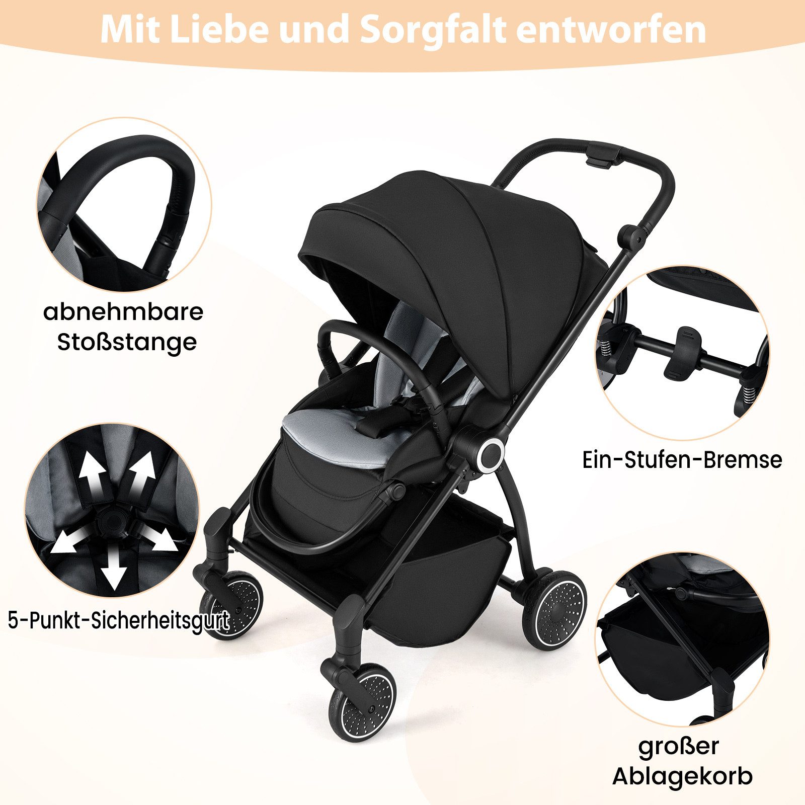 COSTWAY Kinder-Buggy, Kinderwagen faltbar, verstellbar mit Sonnendach