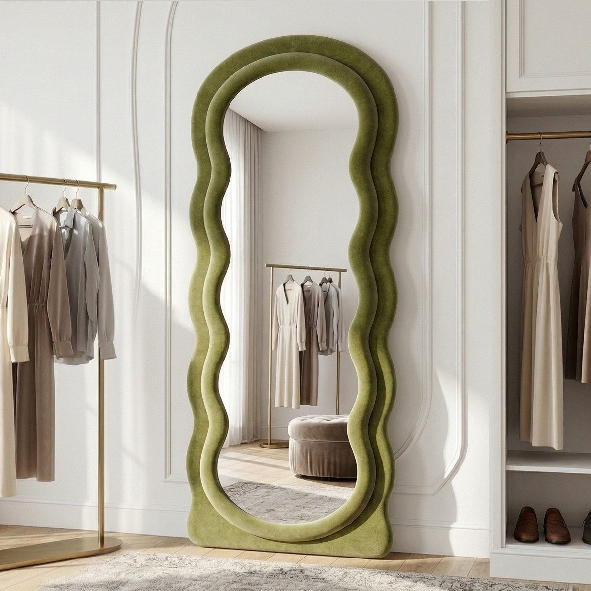 LUNAMIRROR Ganzkörperspiegel im gewellte Form, Samtbezug, Holzrahmen (1-St), stehend & hängend, 160x60 cm, Weiß/Beige/Grün/Rosa – Bild 3 von 5