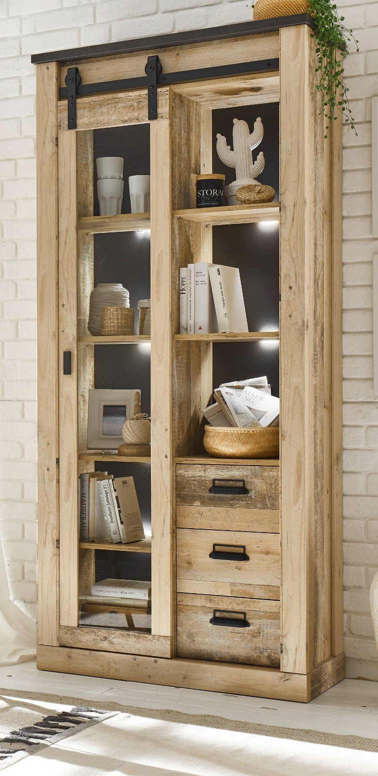 Furn.Design Standvitrine Stove (Vitrinenschrank in Used Wood, Schiebetür und 3 Schubladen) Soft-Close-Funktion