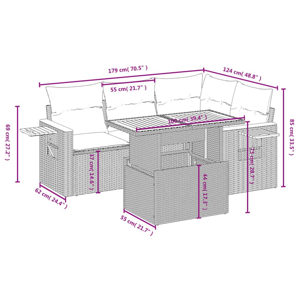 vidaXL Gartenlounge-Set 5-tlg. Garten-Sofagarnitur mit Kissen Grau Poly Rat günstig online kaufen