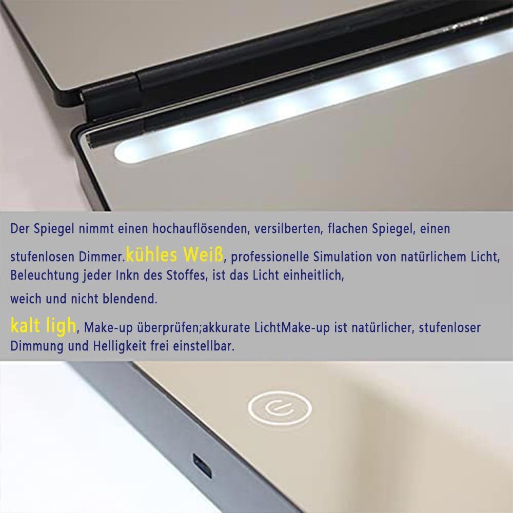 Kpaloft Kosmetikspiegel, 360° mit LED,Haken,Touchschalter Seiten 3 faltbar