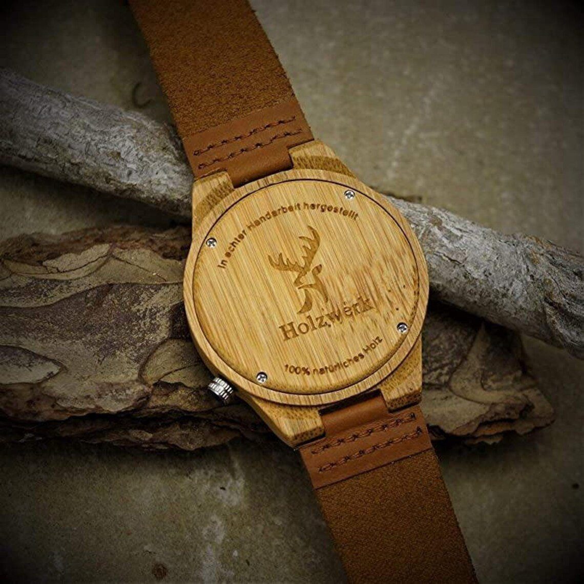 Leder ESCHWEGE in und Holzwerk Damen Herren Holz Quarzuhr Armband mit Uhr beige