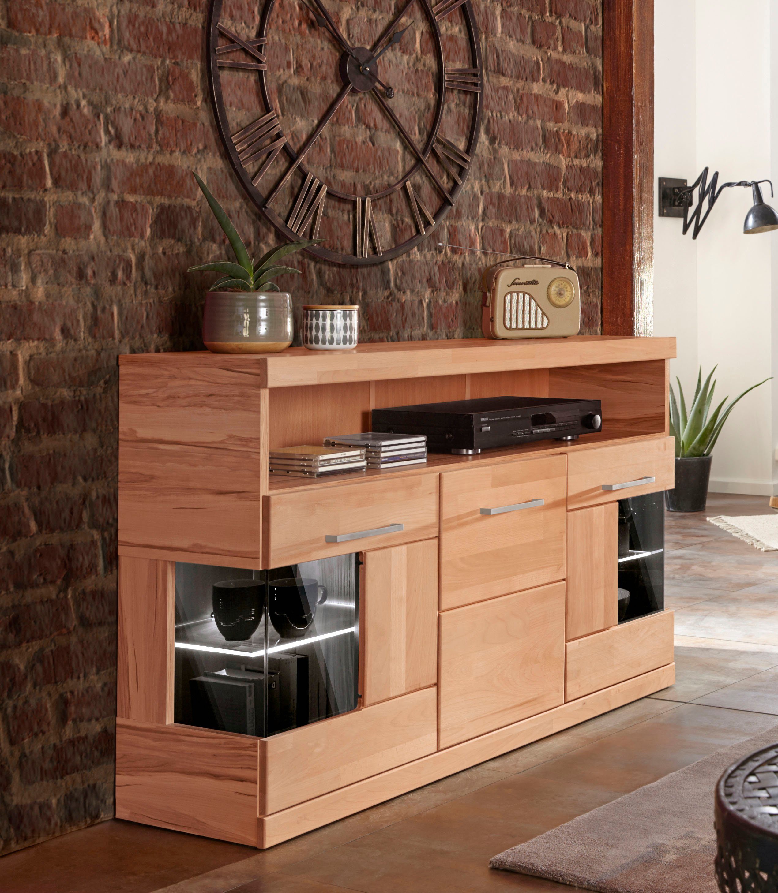 Sideboard Ribe,130cm breit,Fronten Massivholz,2Türen mit gehärtetem Glaseinsatz