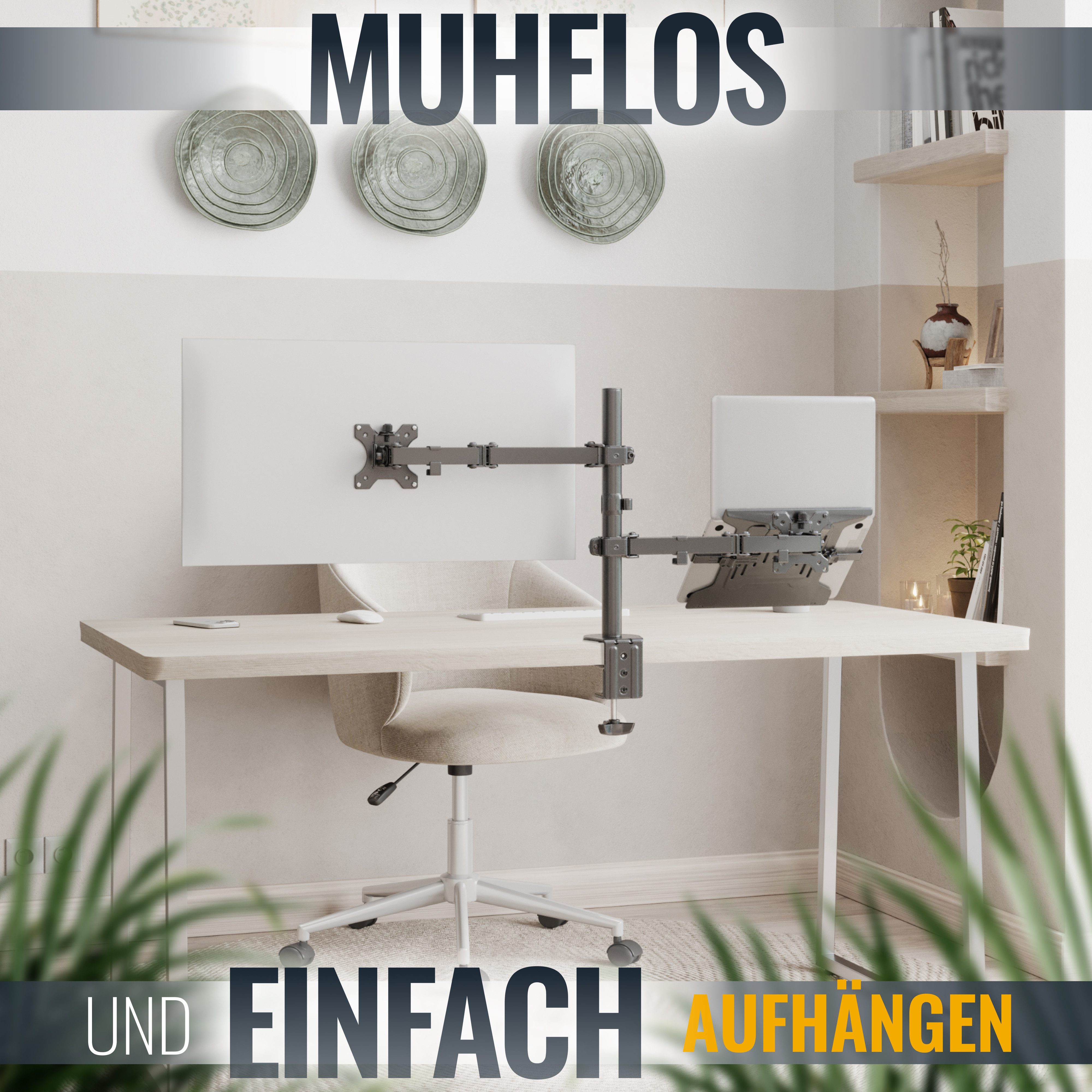 RICOO Monitor-Halterung Monitor Tischhalterung mit Laptop-Ablage TS7111, (bis 32 Zoll, VESA 75x75 und 100x100, 1-tlg., 8 kg (Monitor), 4 kg (Laptop), von 33-81 cm (13"-32) Bildschirm, Tisch Hater Monitorständer neigbar +/-45°, schwenkbar +/-90)