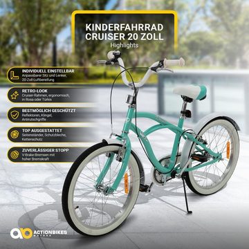 Actionbikes Motors Kinderfahrrad Kinder Fahrrad Cruiser 20 Zoll - ab 6 Jahre, 1 Gang, ohne Schaltung, (Reflektoren, Katzenaugen, Antirutschprofil, Klingel, Kettenschutz, 1-tlg., Trapez-Rahmen, V-Brake-Bremsen, max. Zuladung 40 kg), höhenverstellbares Bike Jungen Mädchen Kinderrad ab 115 cm türkis