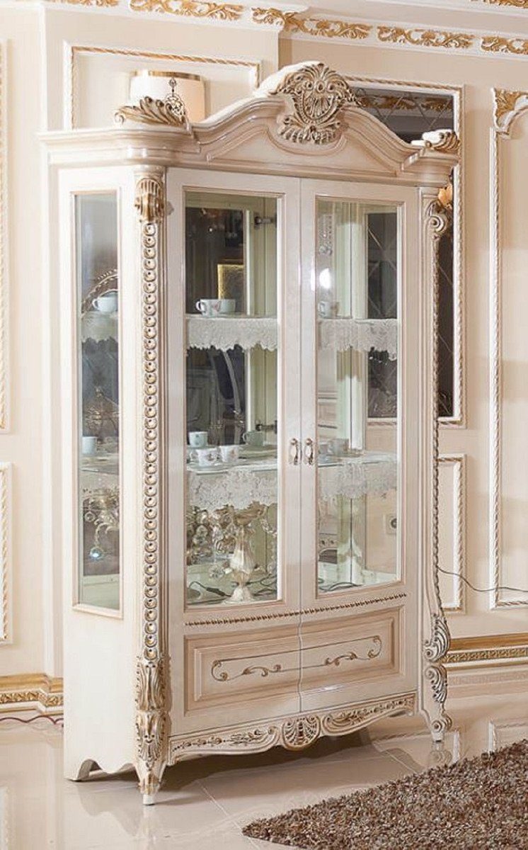 Casa Padrino Vitrine Casa Padrino Luxus Barock Vitrine Weiß / Beige / Gold - Barockstil Vitrinenschrank mit 2 Glastüren - Luxus Esszimmer Möbel im Barockstil - Barock Esszimmer Möbel