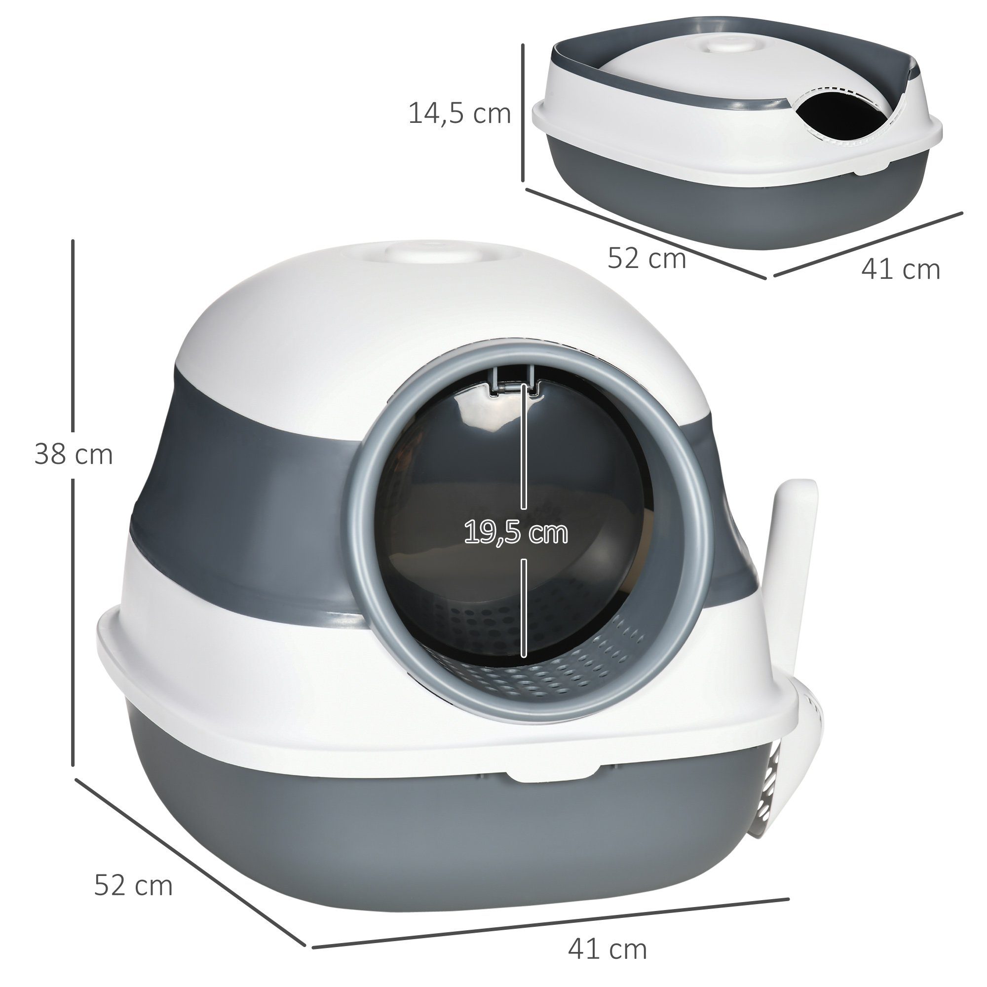 PawHut Katzentoilette mit Deckel, Deodorant, Bodengitter, Streuschaufel, Weiß+Grau,52L x 41B x 38H cm