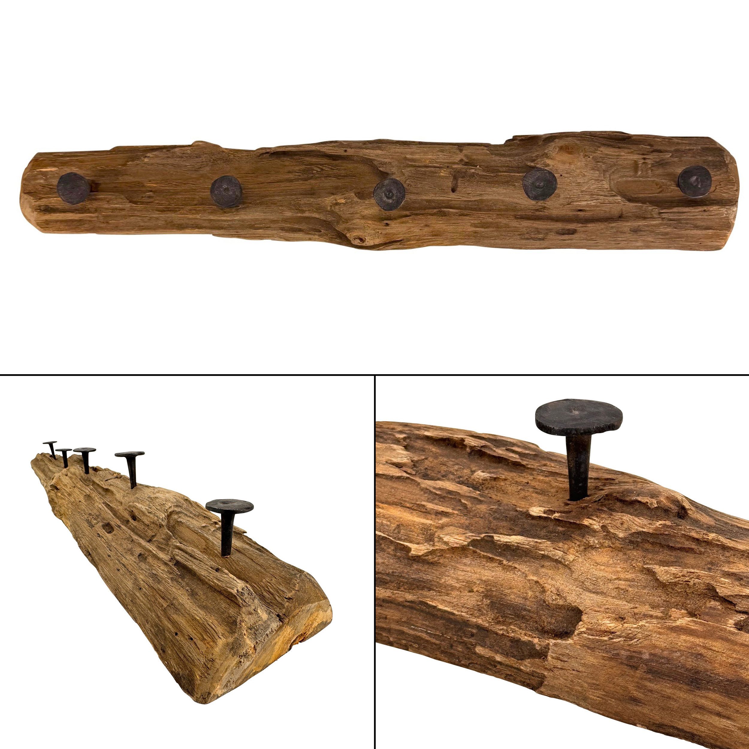 Online-Fuchs Garderobenleiste aus Holz, Wandgarderobe mit 5 Haken aus Metall - 57 bis 59 cm lang (natürliche Optik, rustikales Design), Unikat mit natürlicher Maserung und Astlöchern