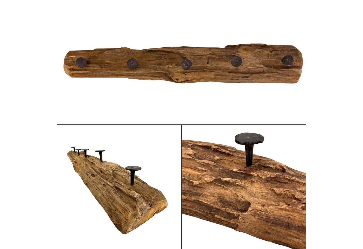 Online-Fuchs Garderobenleiste aus Holz, Wandgarderobe mit 5 Haken aus Metall - 57 bis 59 cm lang (natürliche Optik, rustikales Design), Unikat mit natürlicher Maserung und Astlöchern