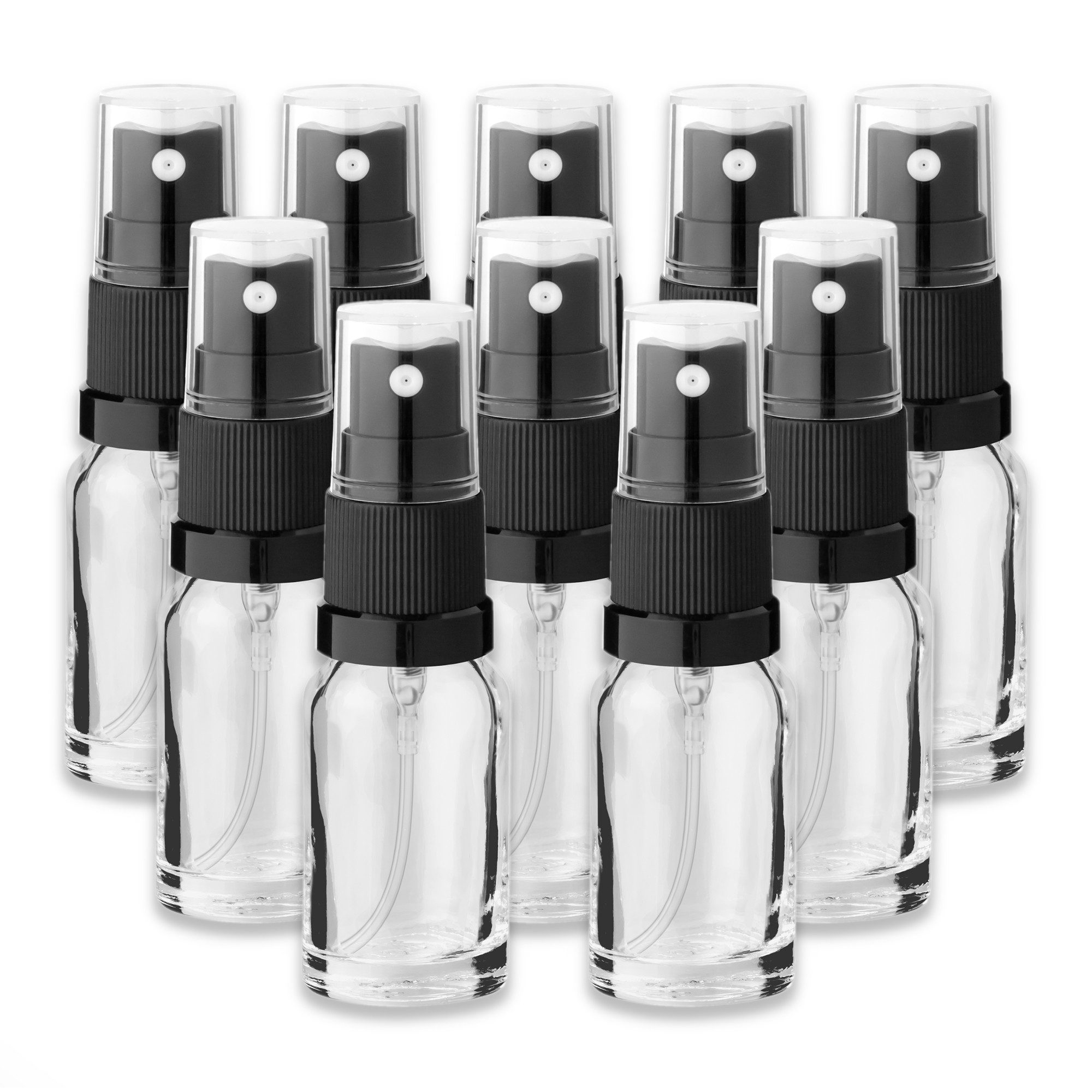 CK Verpackung GmbH Zerstäuberflasche 10x Klare Glasflasche 10 ml mit schwarzem Zerstäuber Sprühkopf Spray (Set x10)