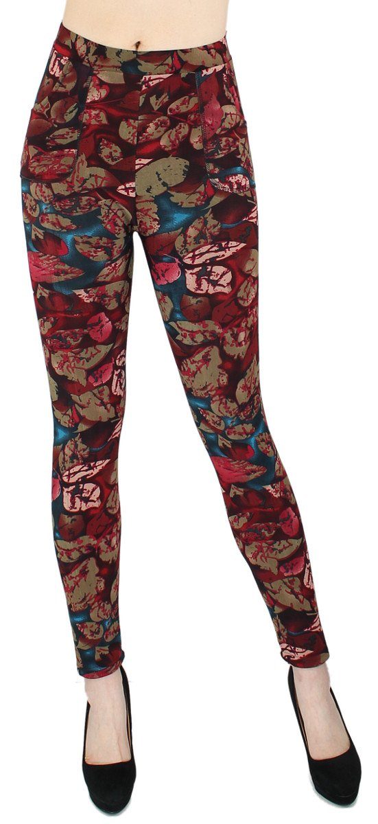 dy_mode Thermohose Gefütterte Thermo Hose Damen Thermo Leggings mit Innen-Fleece mit elastischem Bund WL140-FallingLeaves