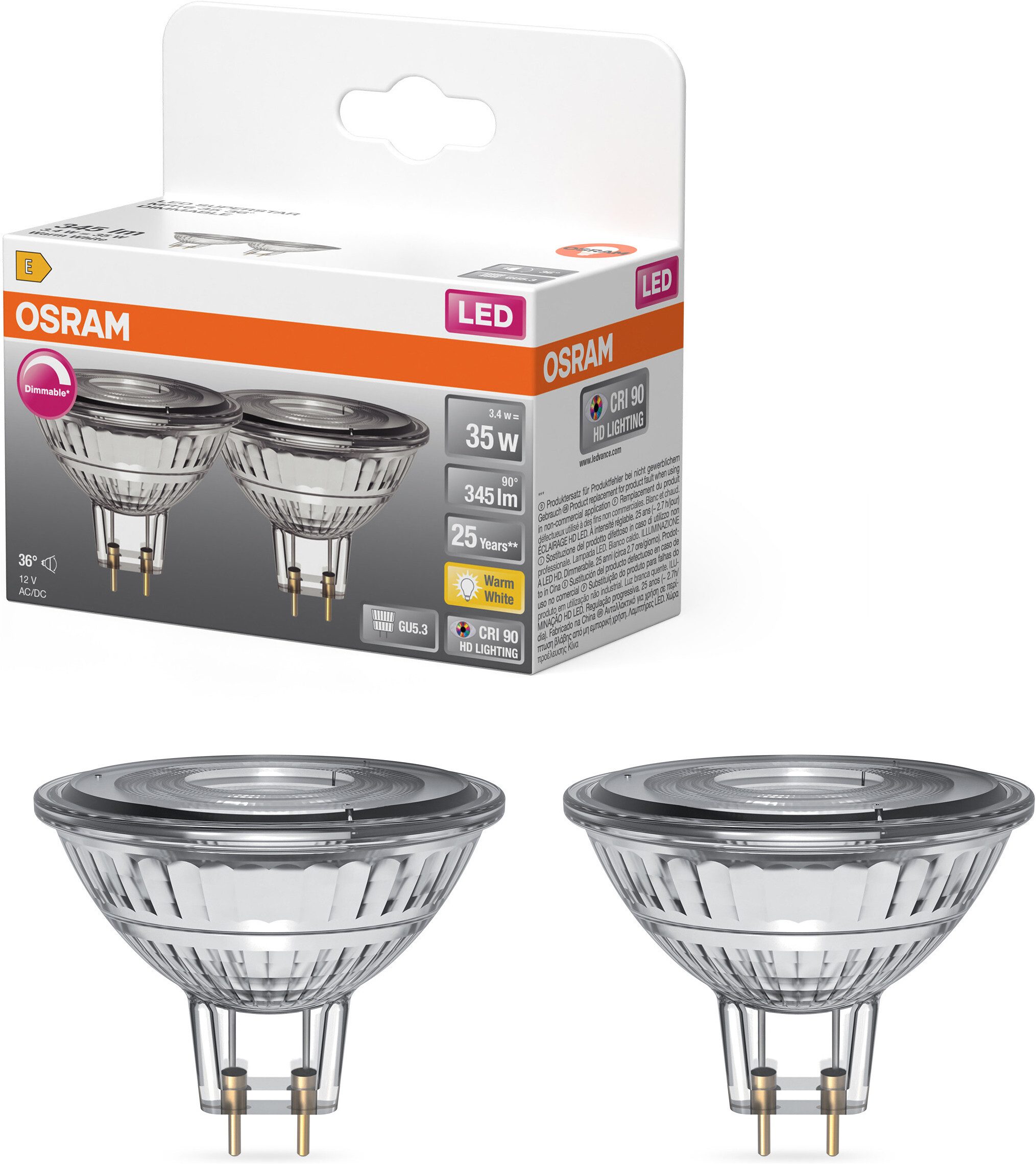 Osram LED-Leuchtmittel LED Spot Lampe Superstar MR16, MR16, 2 St., Warmweiß