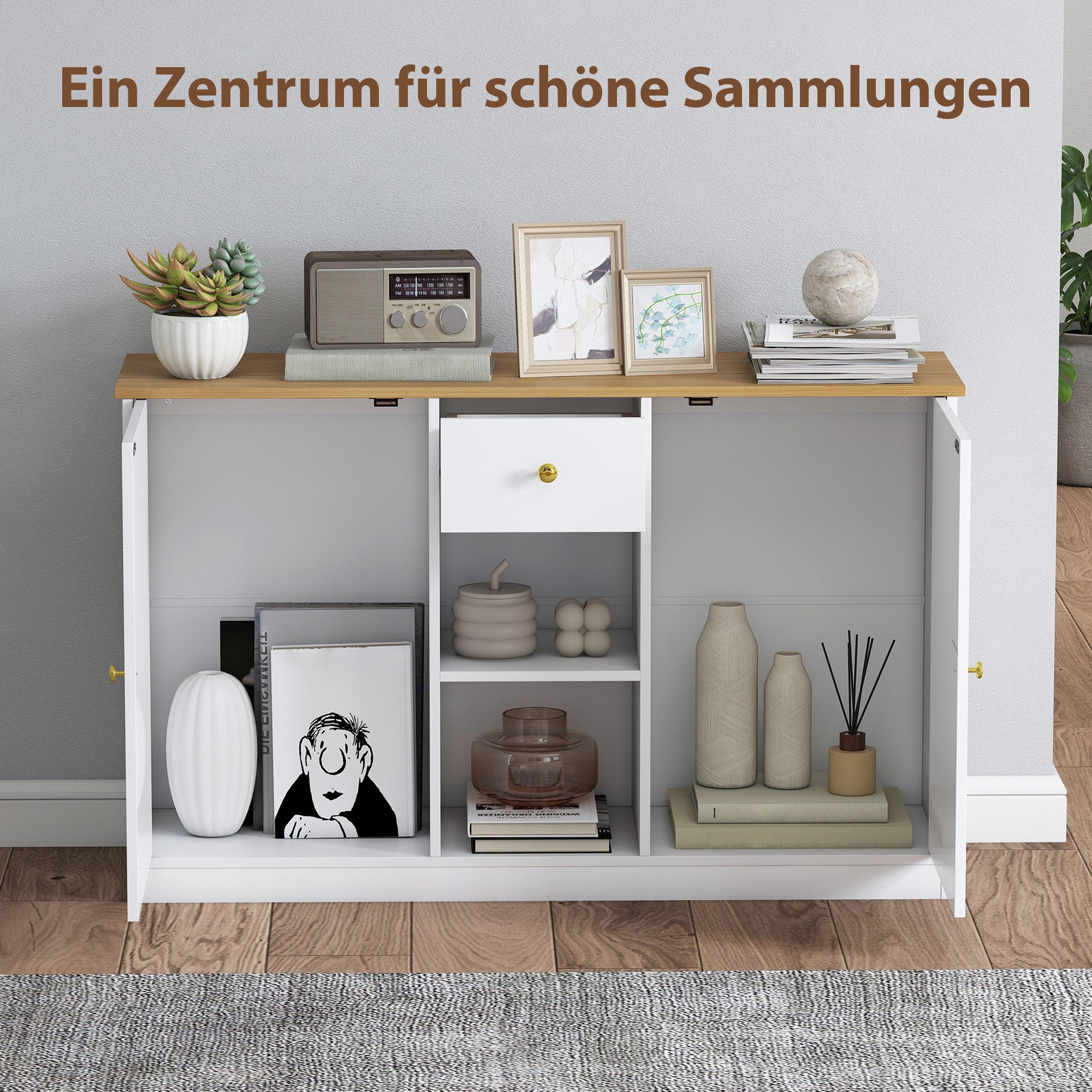 HOMCOM Sideboard Aufbewahrungsschrank mit Schublade, Küchenschrank für Küche (Kommode mit 2 Türen, 2 offenen Fächern, 1 St., für Wohnzimmer, Flur), 120 x 35 x 7 – Bild 4 von 5