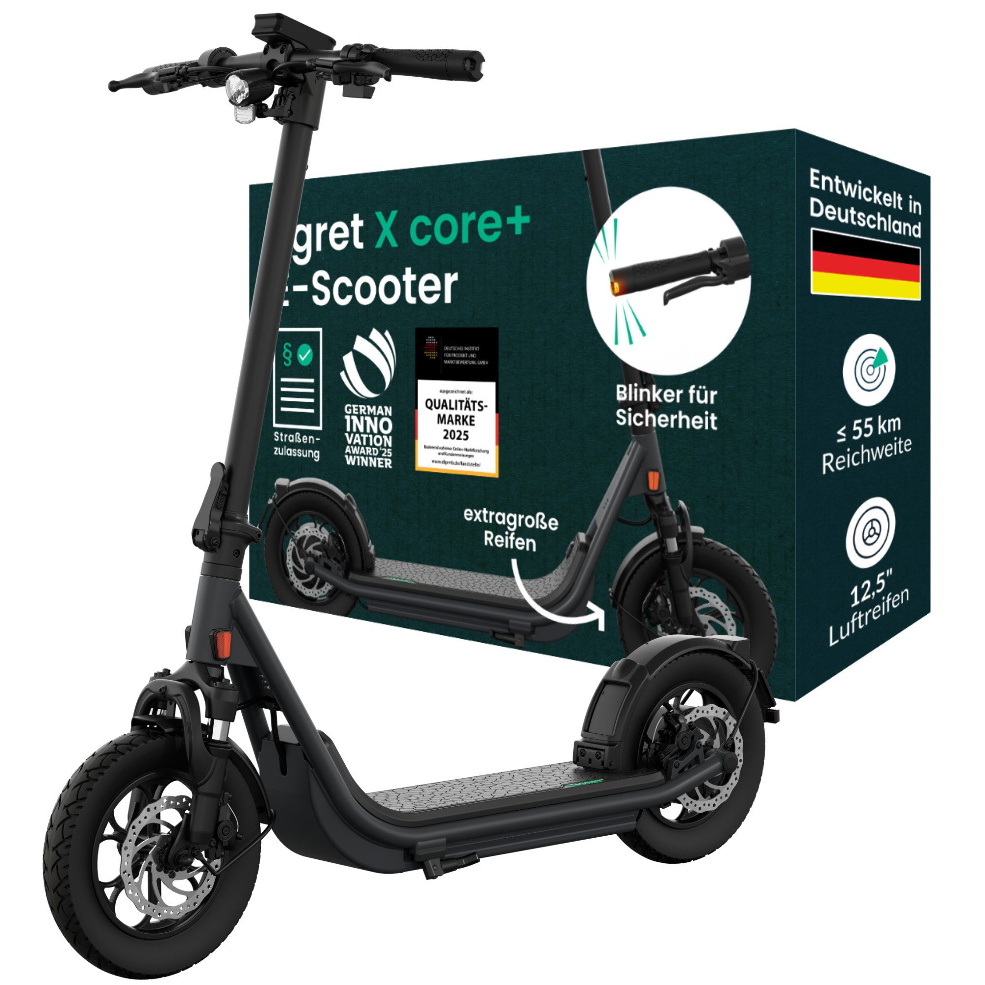 Egret E-Scooter X-Serie (core/prime/ultra) 12,5", FEDERUNG, BLINKER, ≤90 KM Reichweite, 500 W, 20 km/h, mit Straßenzulassung, ≤130kg Zuladung, App, Offroad